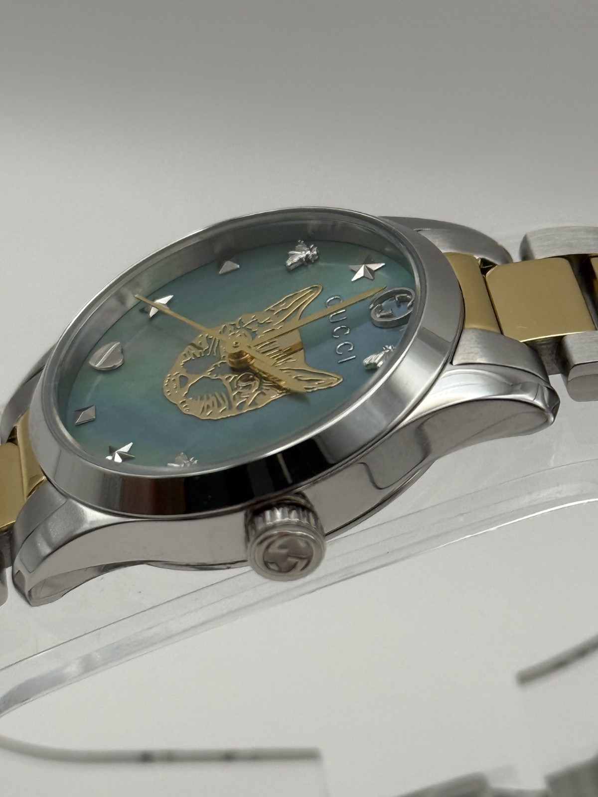 Gucci G Timeless Quartz MOP Blue Dial Two Tone Steel Strap Watch YA1265011