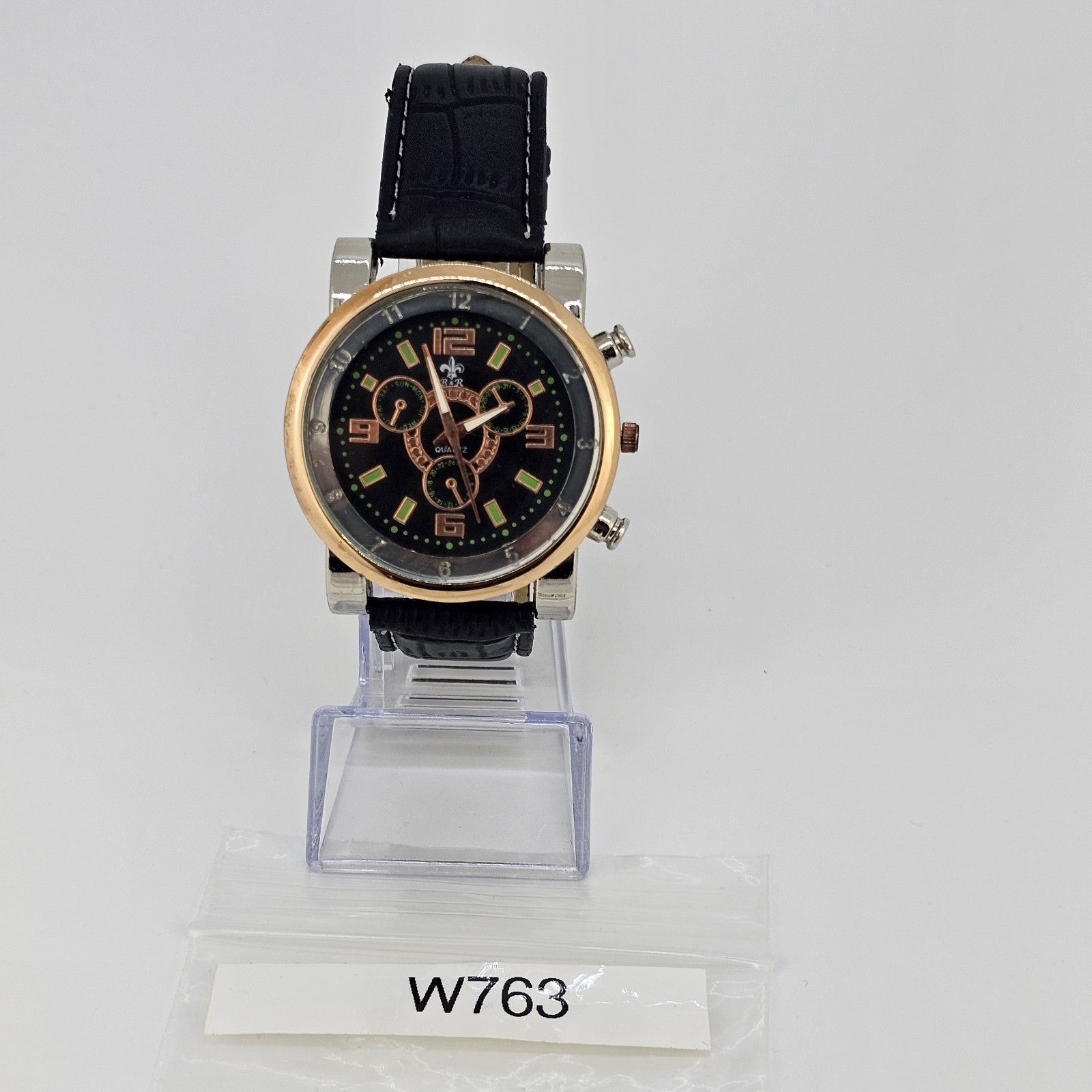 Men’s Analog Watch 43MM Black Dial Black Faux Leather Bands New Battery