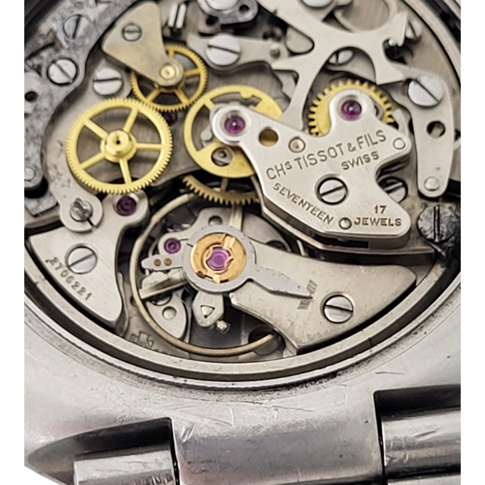 Tissot T12 chronograph watch, manual wind, Lemania caliber 873 (runs and stops)