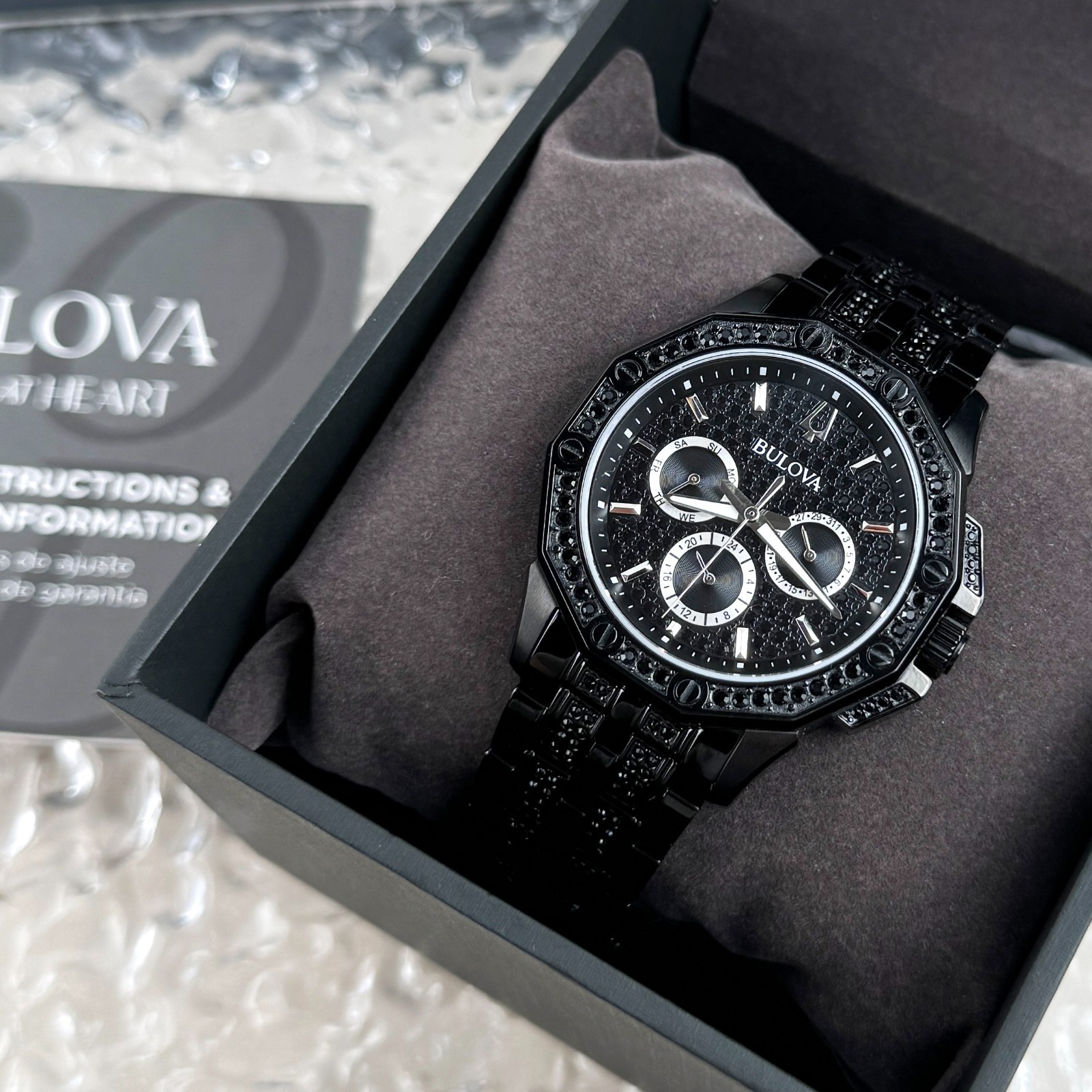 Bulova Octava Crystal Quartz Black Pave Dial Stainless Steel Men’s Watch 98C134