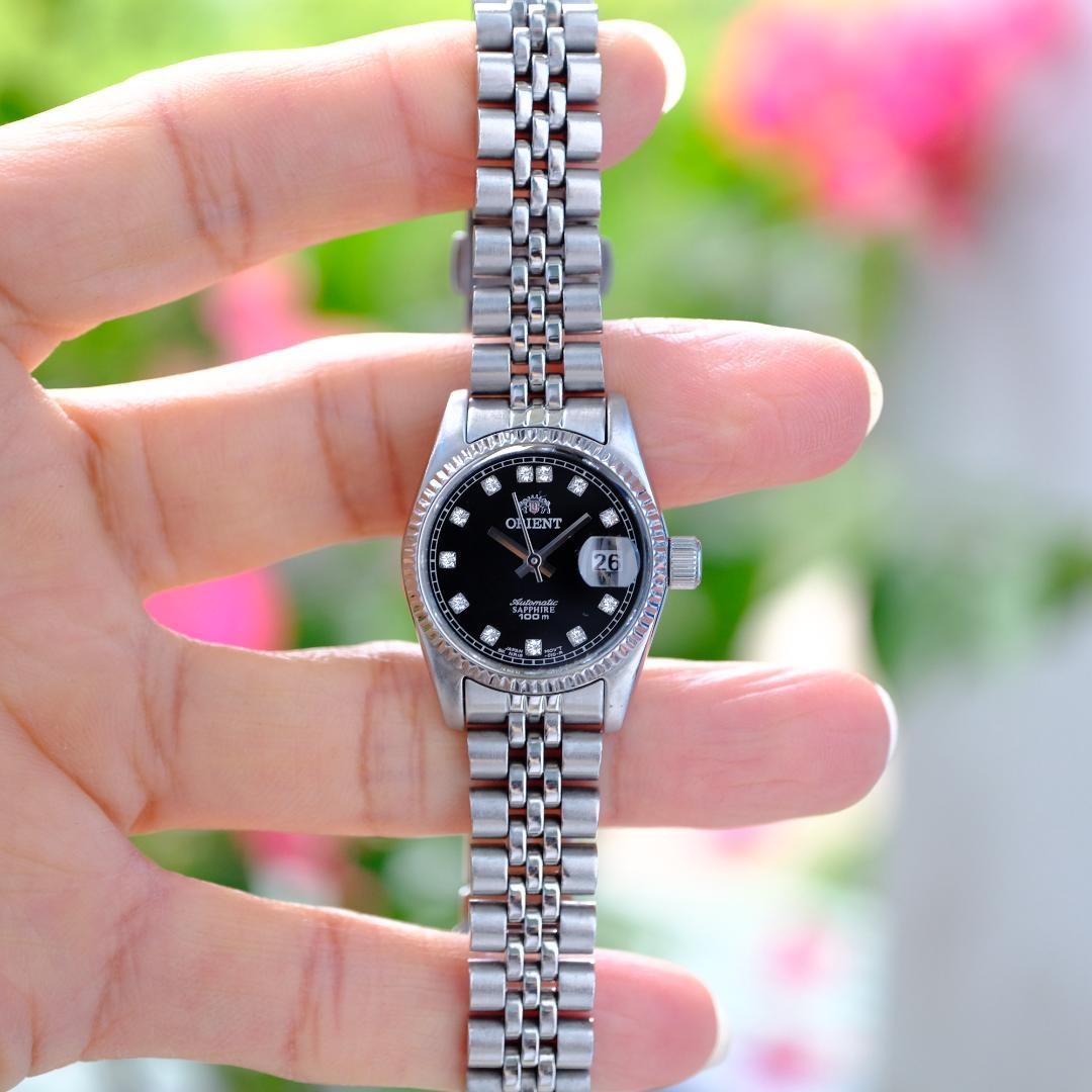 Orient President Ladies Automatic Watch Black Dial Sapphire Crystal Silver Band