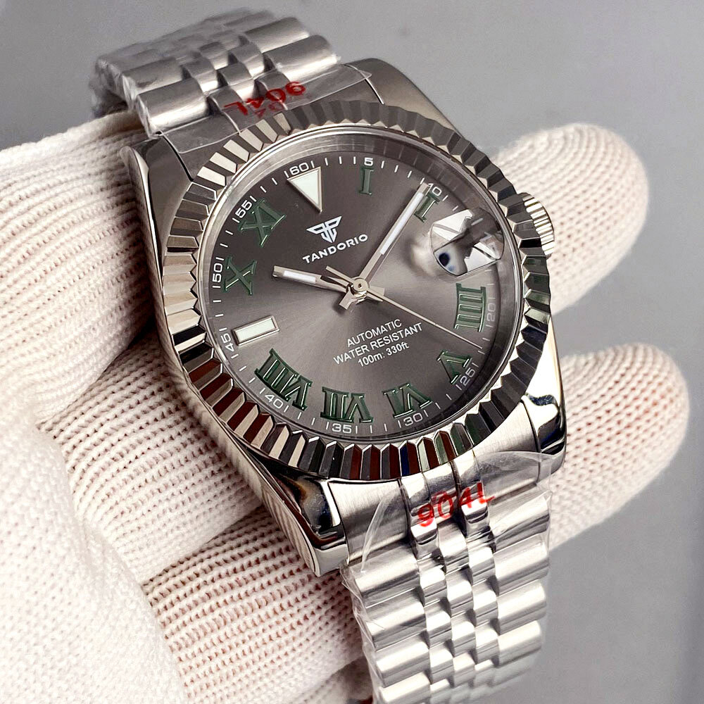 Tandorio 200M Dive 36mm Sunburst Grey Dial Green Roman Number NH35 Watch Men