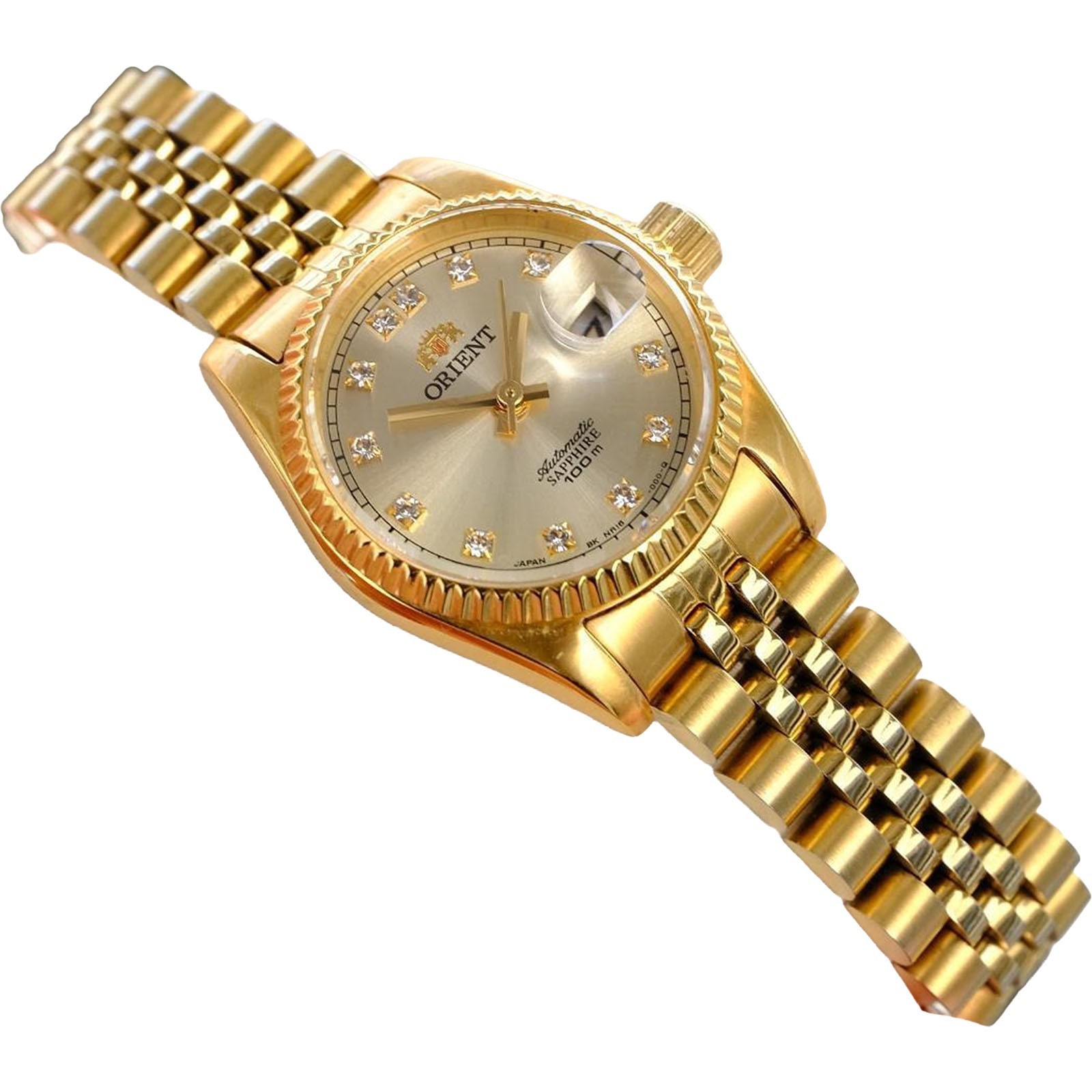 ORIENT President Automatic Ladies Gold Tone Sapphire Watch NR16 Day Date Auth JP