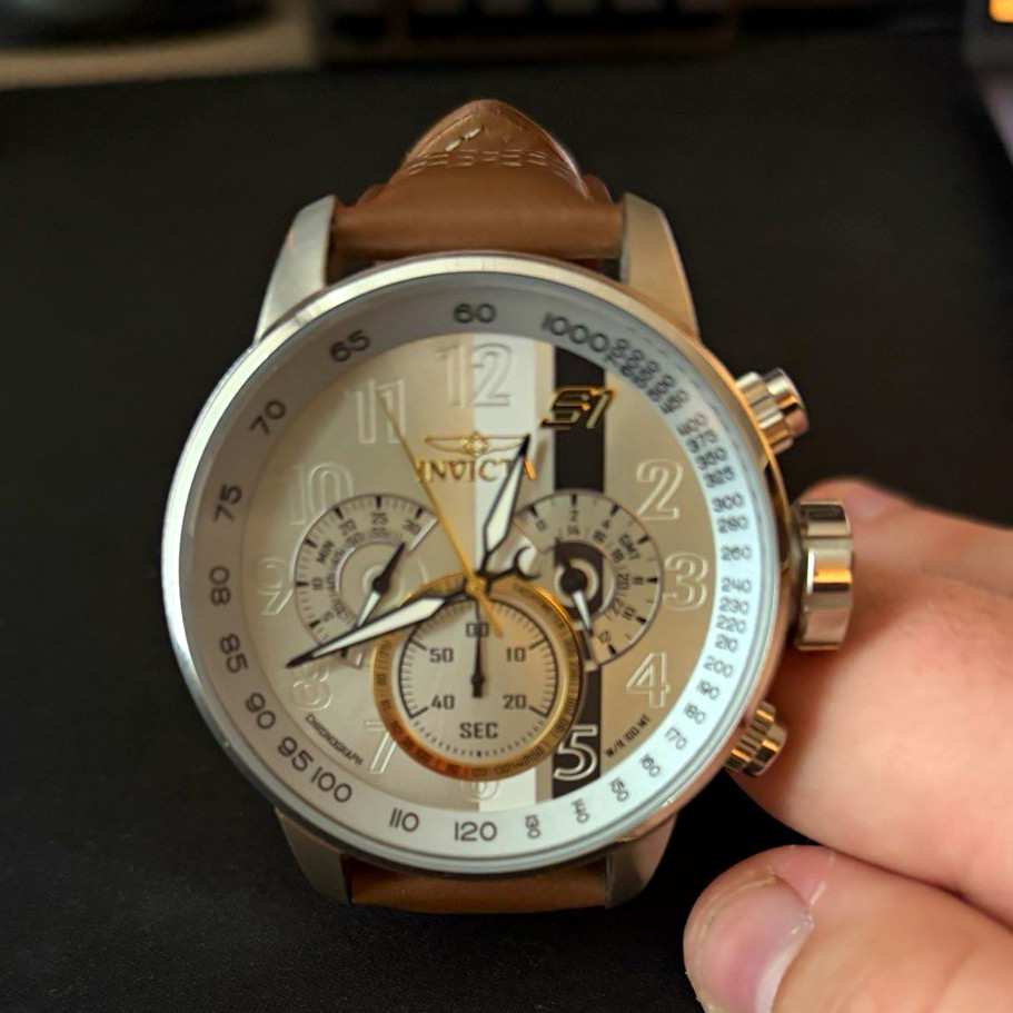 Invicta S1 Men’s Quartz Chronograph Watch Silver Case Brown Leather Strap 100m
