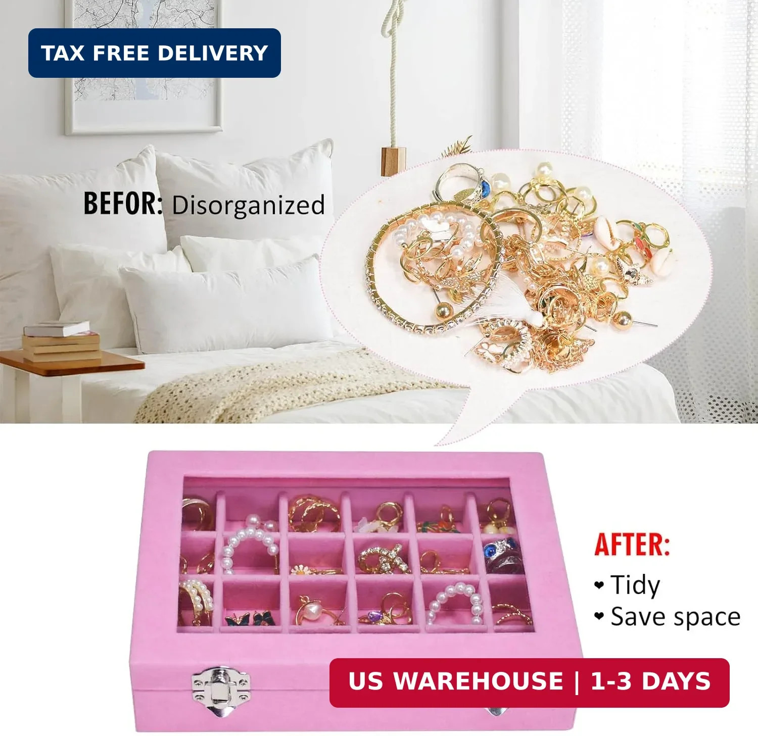 Vicoter Velvet Jewelry Box 24 Grid Jewelry Ring Display Organiser Box Tray Holde