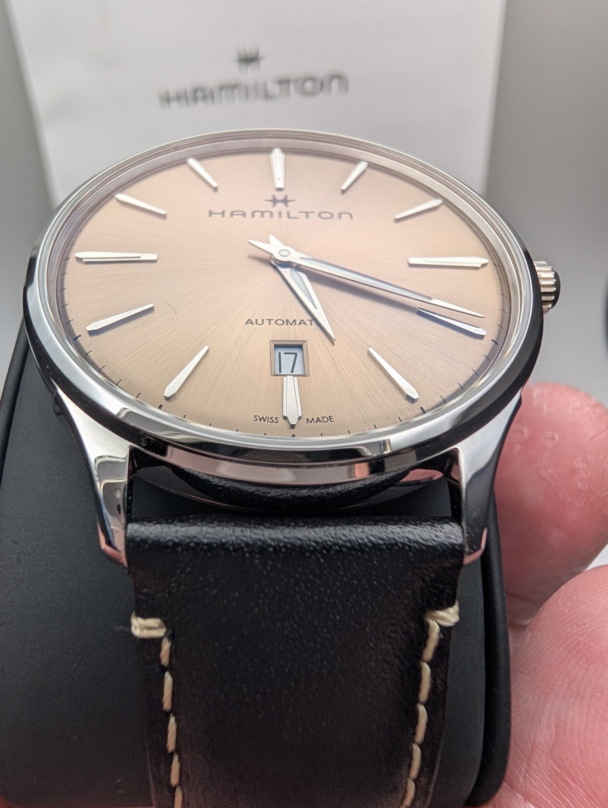 Hamilton Jazzmaster Beige Swiss Automatic Watch w/ Black Leather Strap – H385250