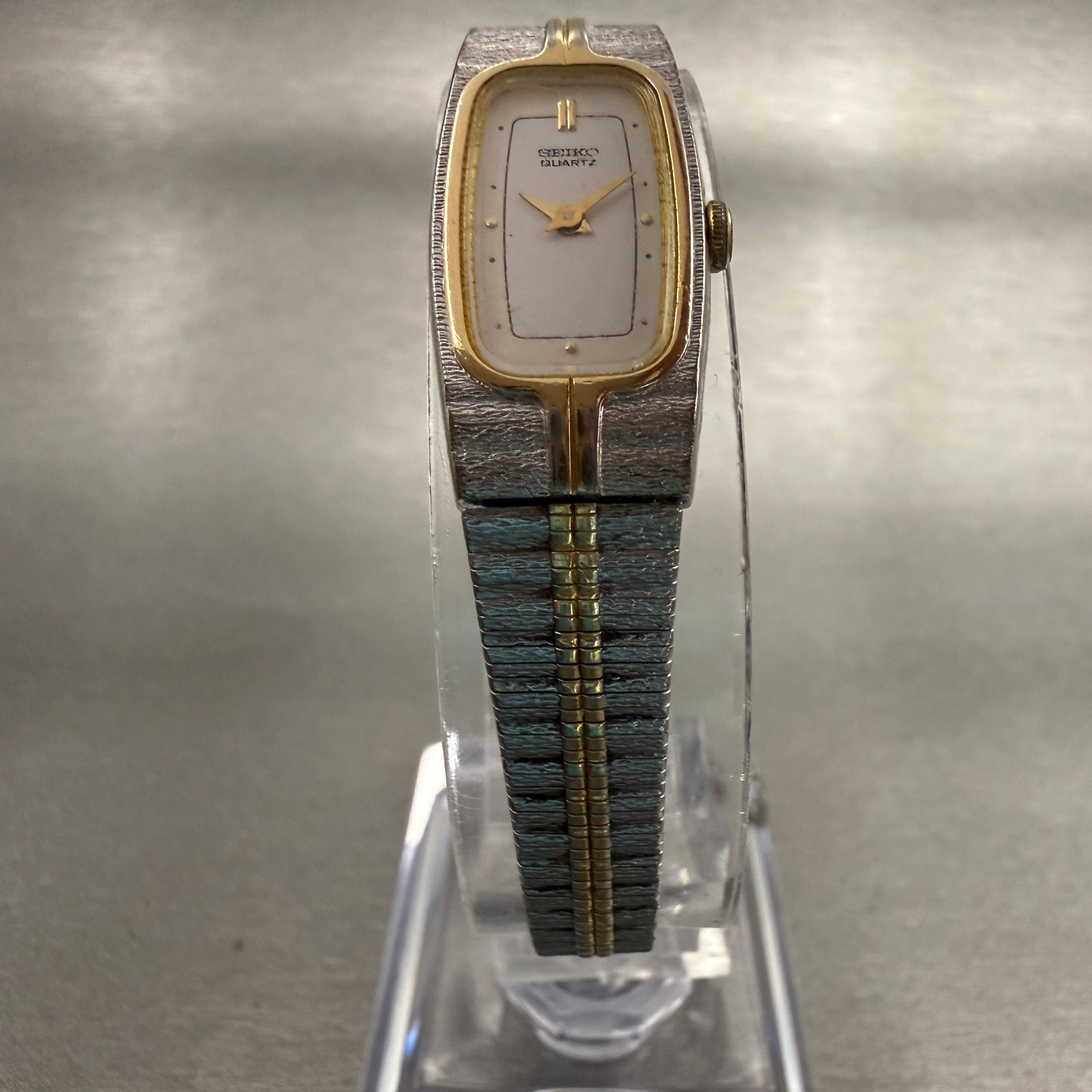 Seiko Watch Women 13mm White Dial Two Tone Rectangle 2E20-6319 VTG New Battery