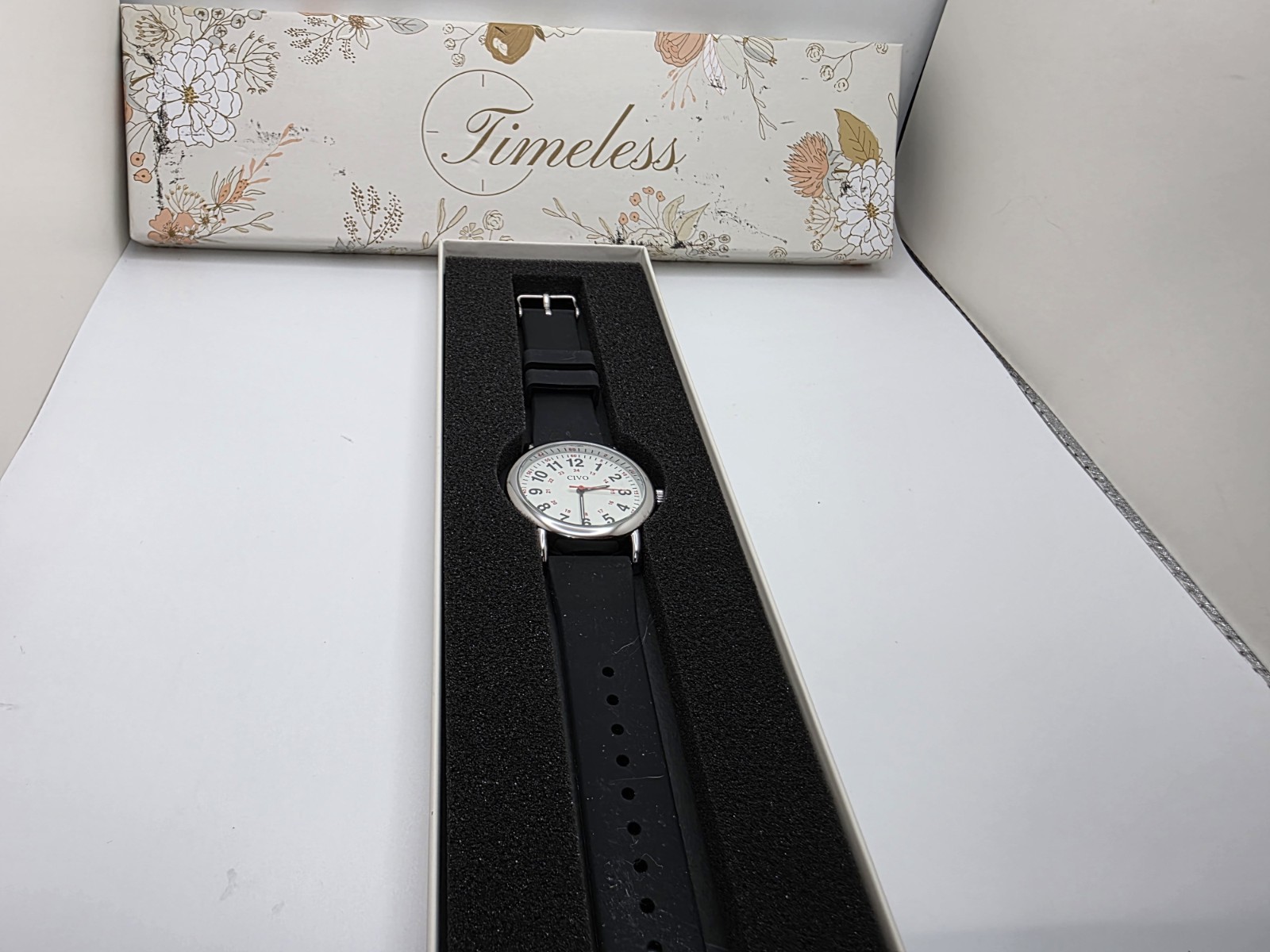 CIVO 8356 Quartz Analog Watch White Dial Black Silicone Strap 40mm 30m Box