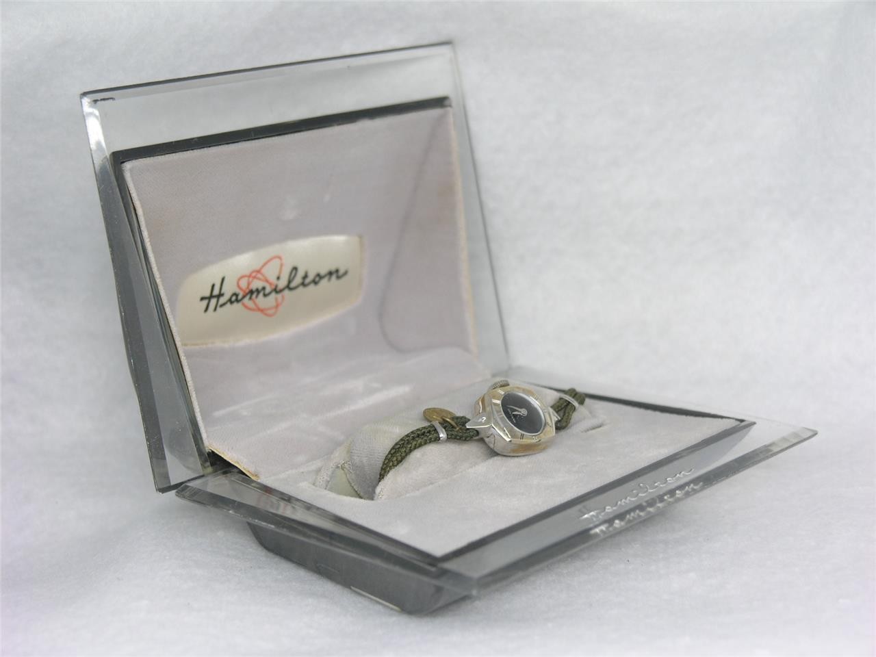 MID-CENTURY 1950’S 10K WHITE GOLD FILL HAMILTON WATCH W/ ATOMIC BOX, RUNNING!