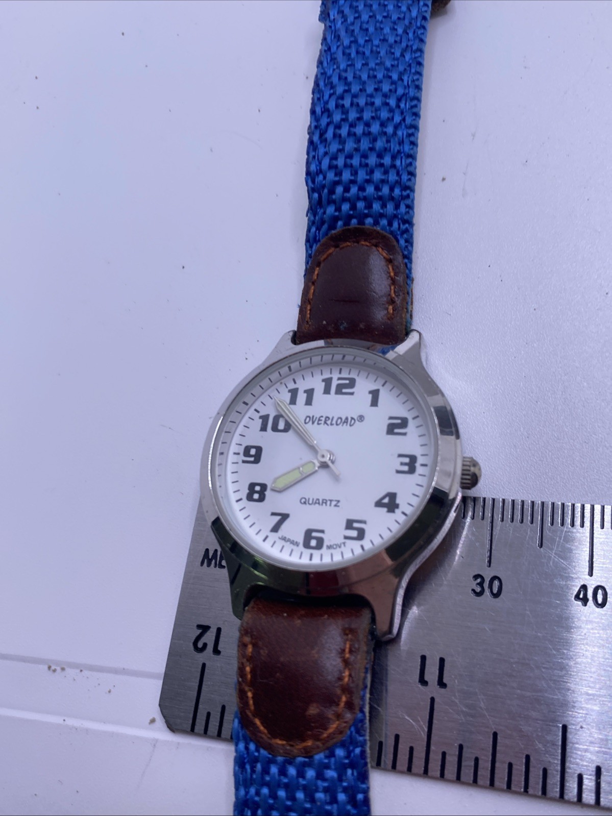 Overload Womens Silvertone Canvas Worn Leather Strap Works New Battery