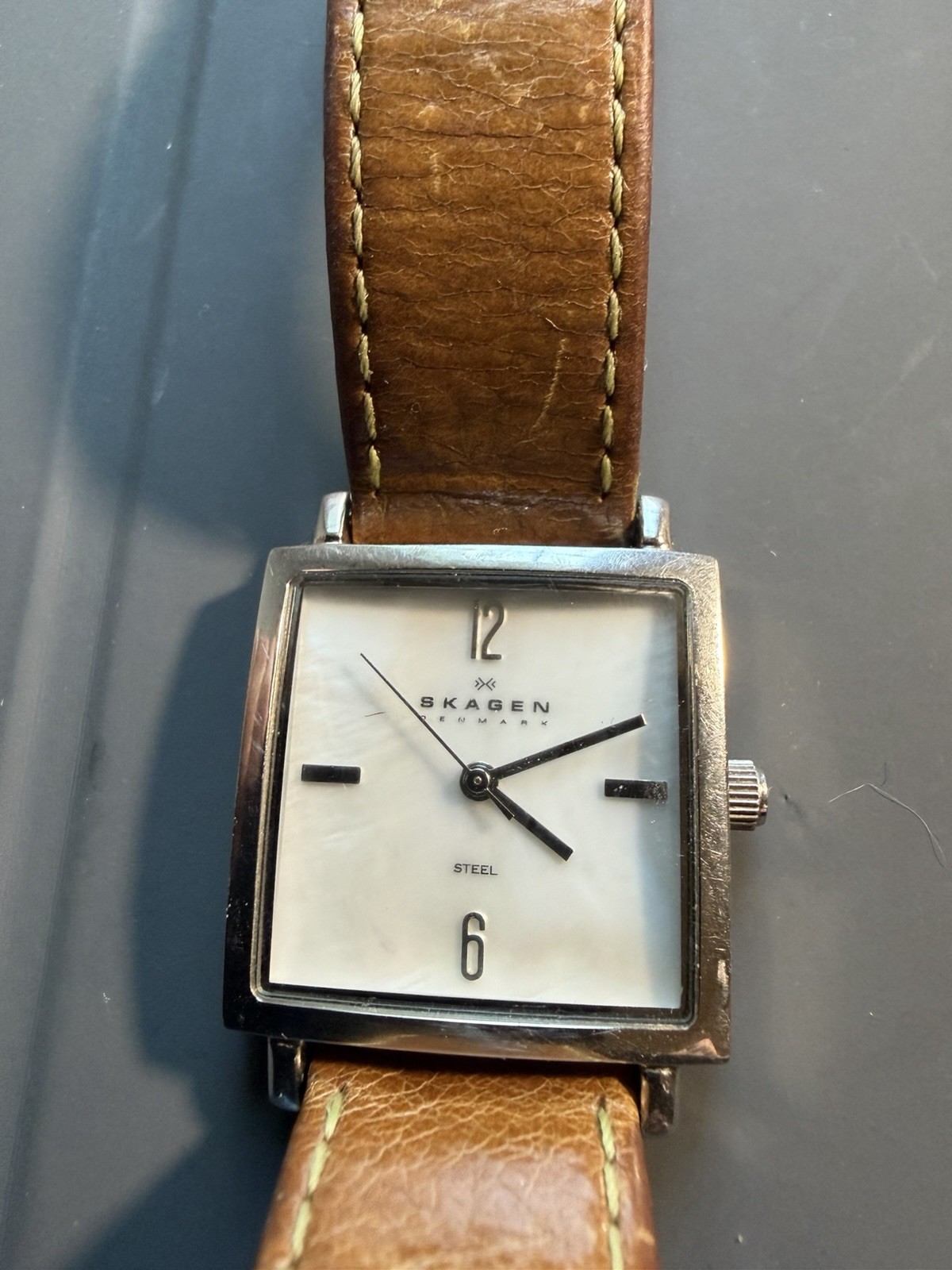 Skagen 478SSLG Square Silver Stainless Case Brown Leather Quartz Watch 30m