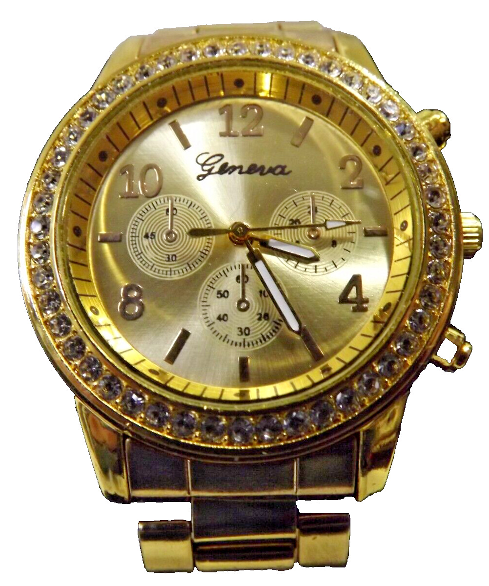Geneva GoldTone Face Casing & Band Numerical Second Hand Rhinestone Quartz NEW