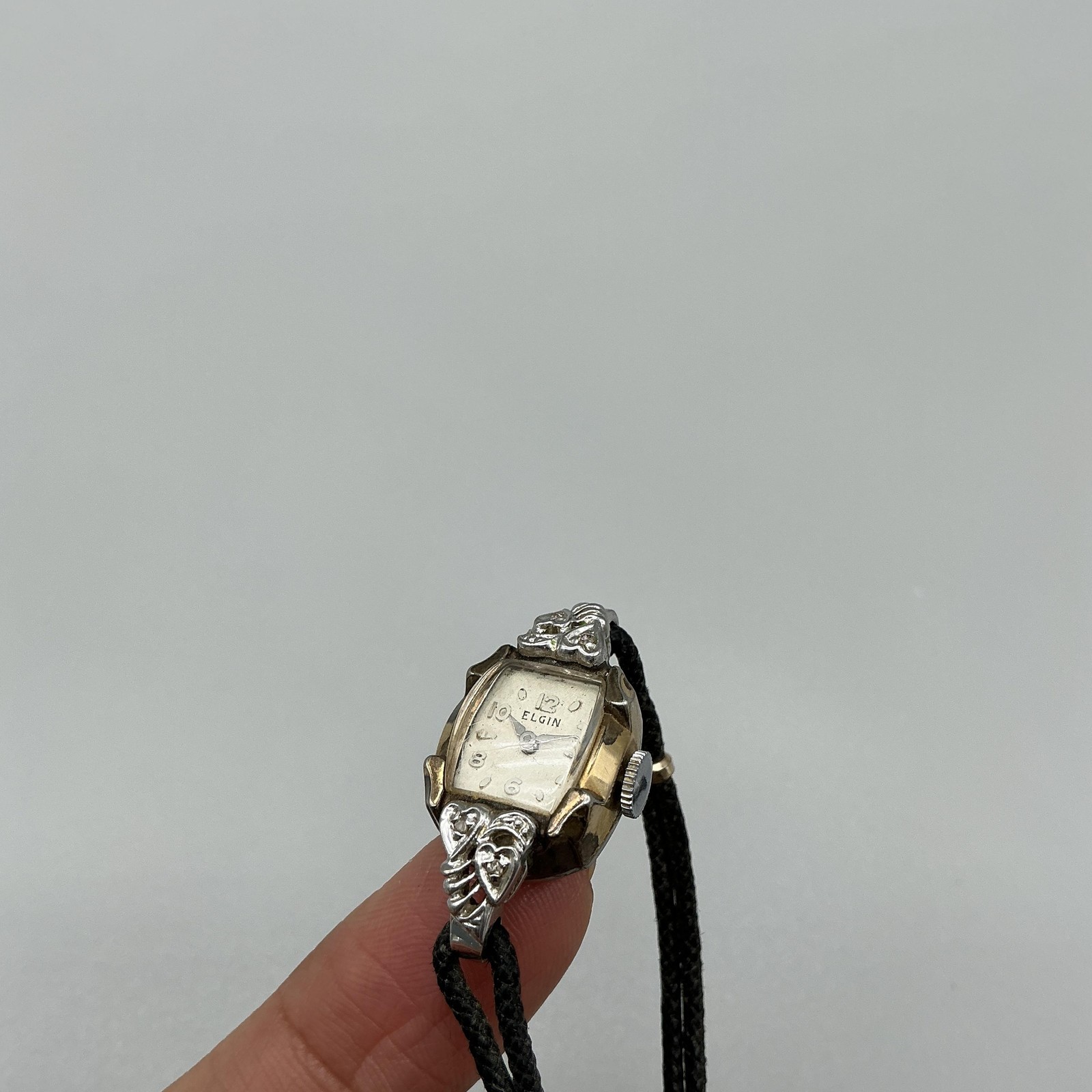 Vintage Elgin Womens Watch 14mm 10K RGP 1957 Diamond Black Cord Manual 5.75″