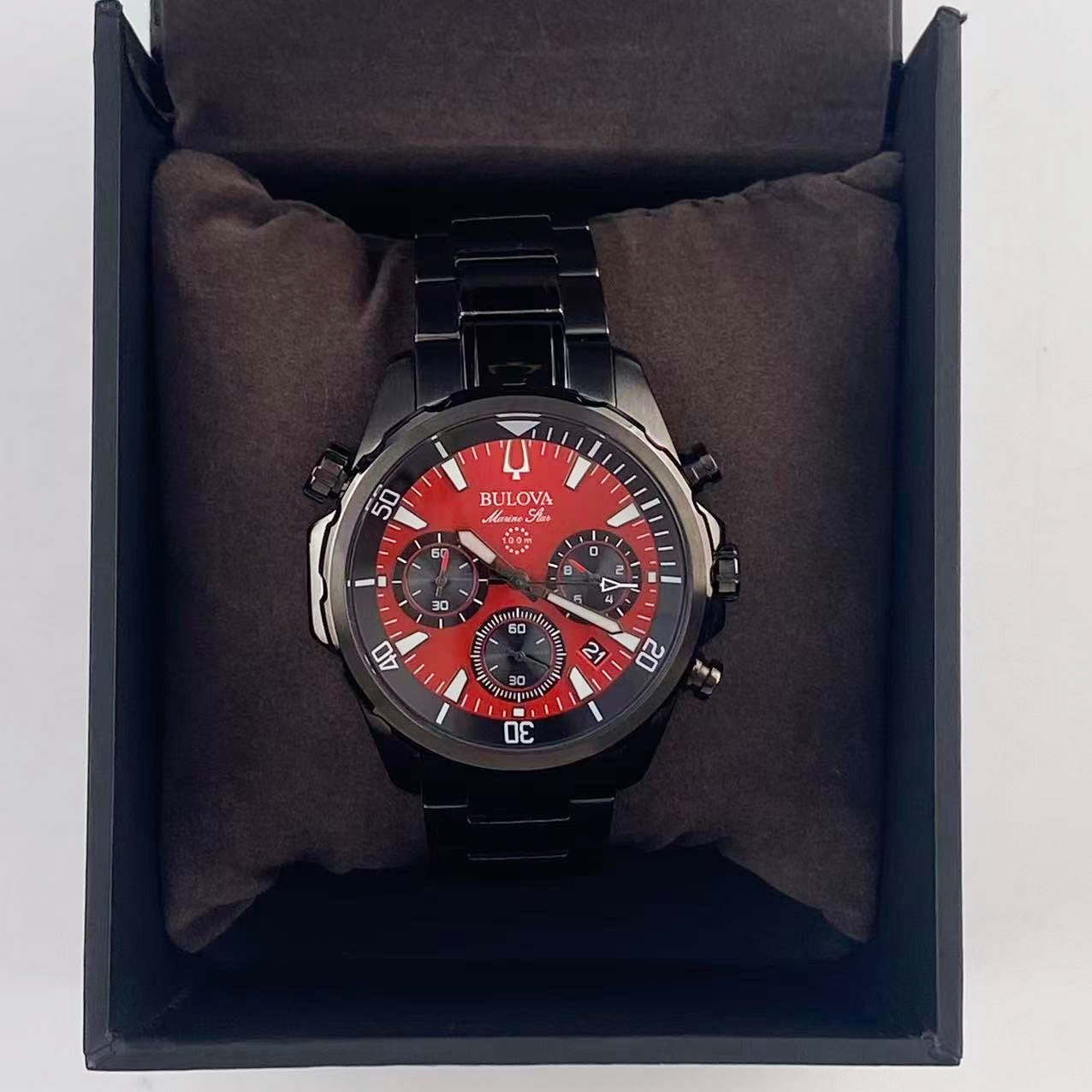Bulova Marine Star 98B350 Men’s Chronograph Quartz Watch Red Dial Stainless 43mm