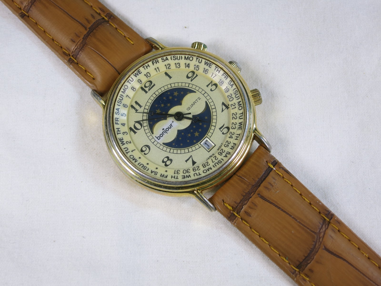 🔥 VINTAGE BON JOUR SUN /MOON CALENDER, 2 INNER ROTATING BEZEL WATCH,RARE, 80’s