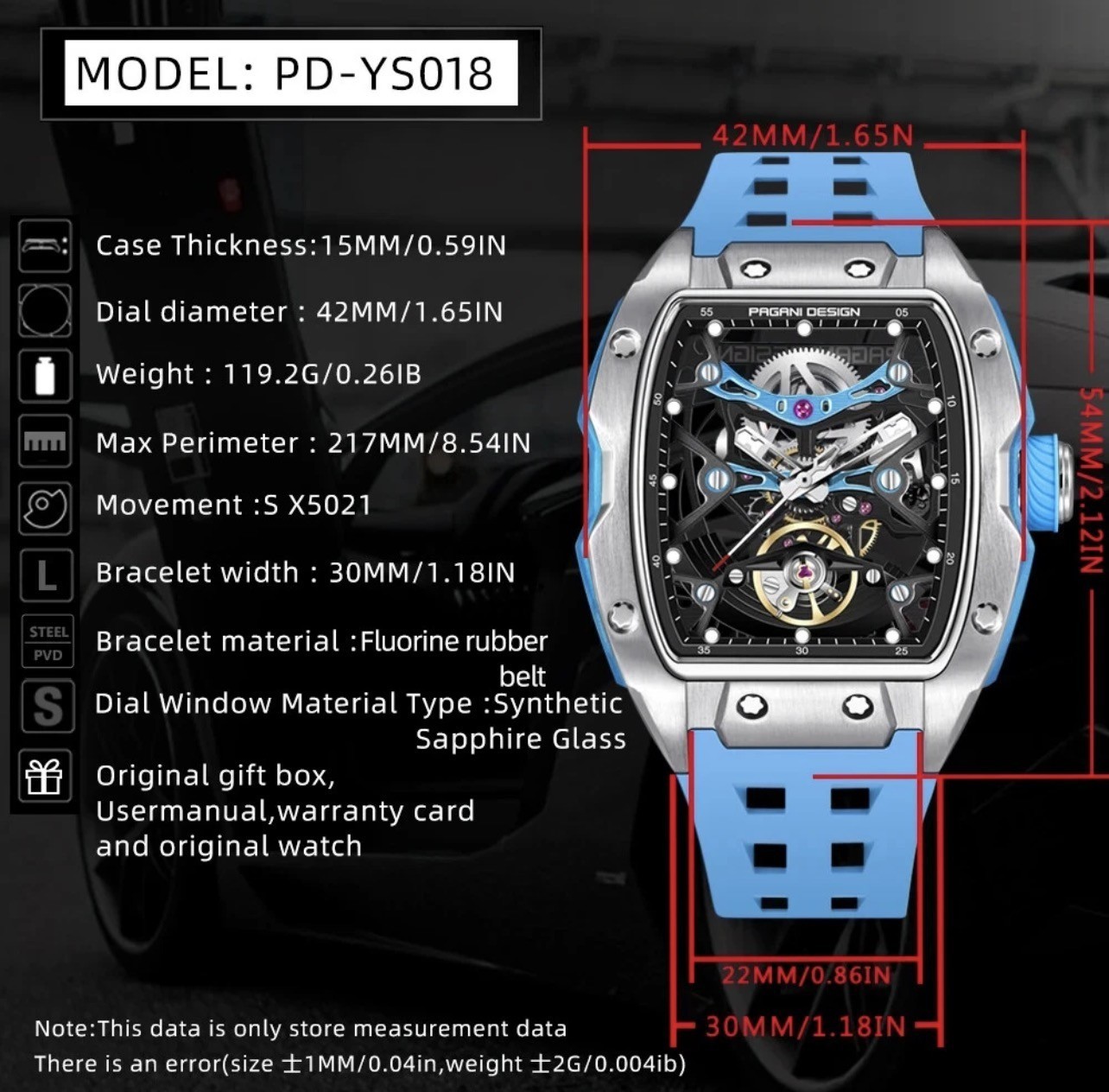 PAGANI DESIGN 42MM PD-YS018 Skeleton Dial Mechanical Watch 50M Waterproof