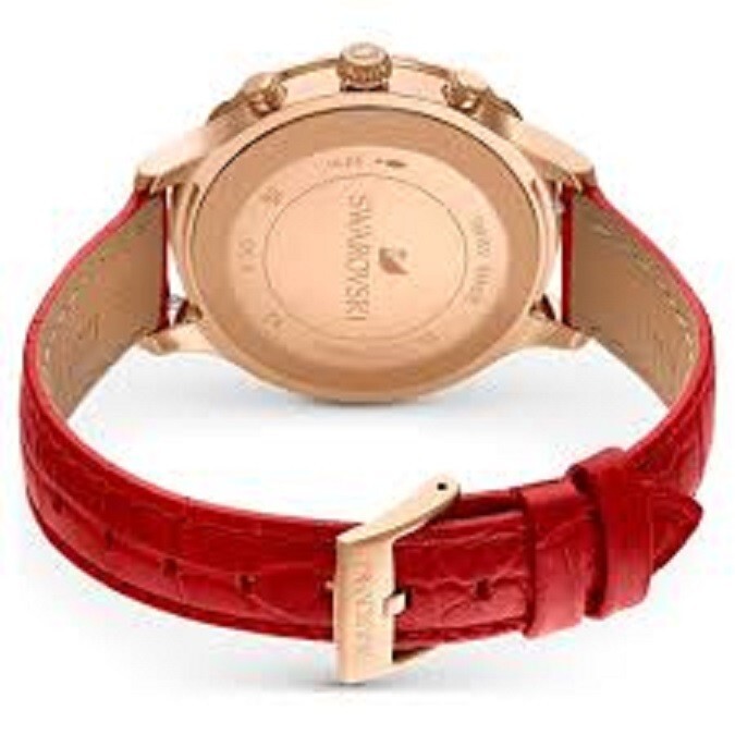 Swarovski Octea Lux Chrono,  Red Leather Rose Gold Tone Women’s Watch 5646975