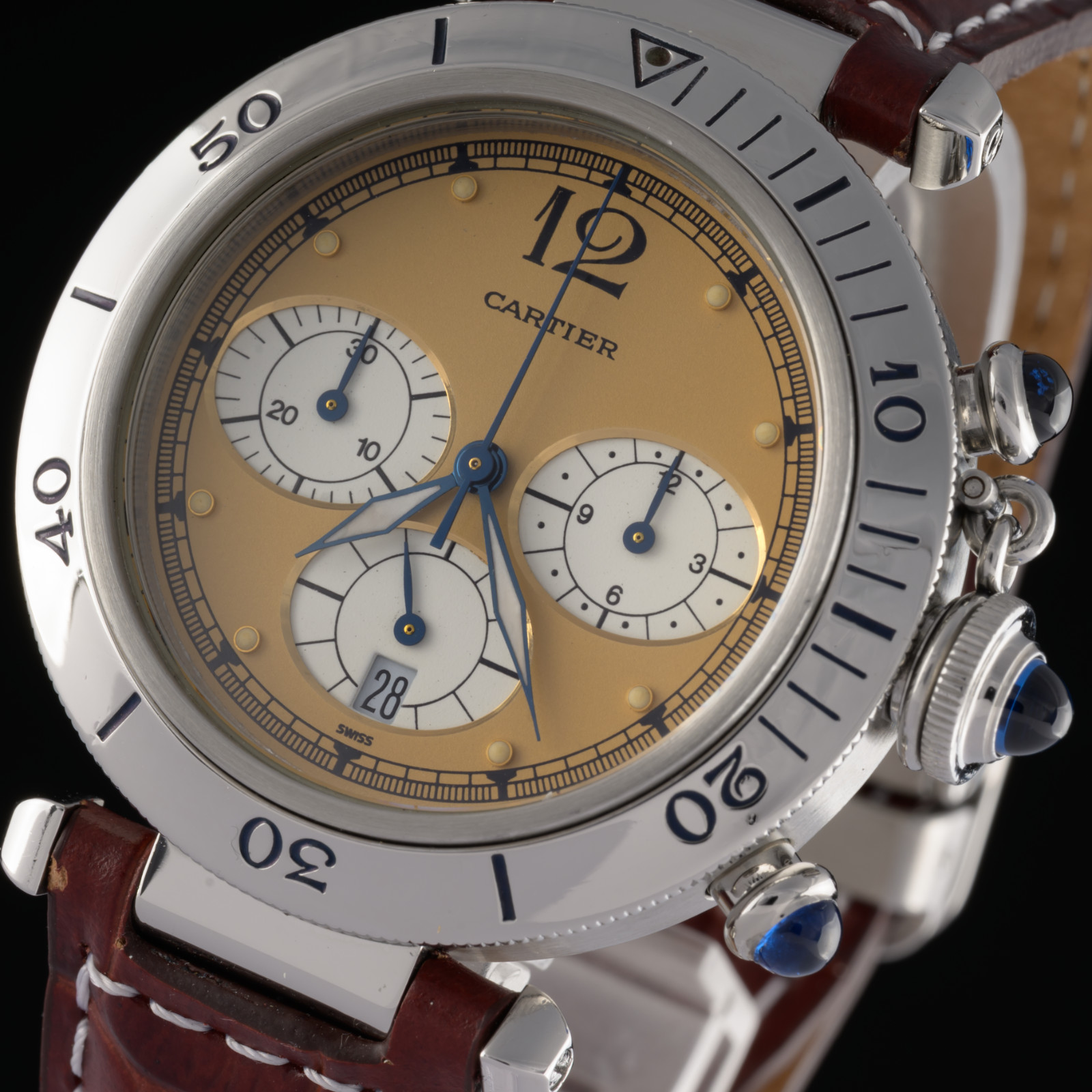 Serviced Cartier Pasha Chronograph 4030 Brown Dial 38mm Quartz Watch + Box