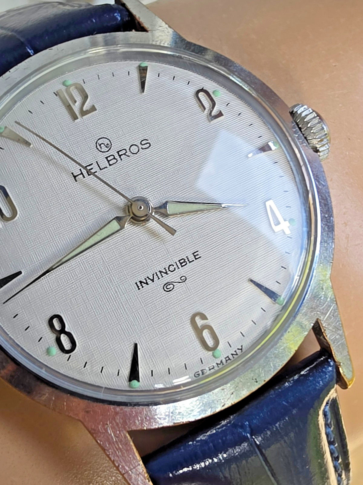 Vintage HELBROS men’s manual wind watch Linen dial PUW 61 Germany 1950s