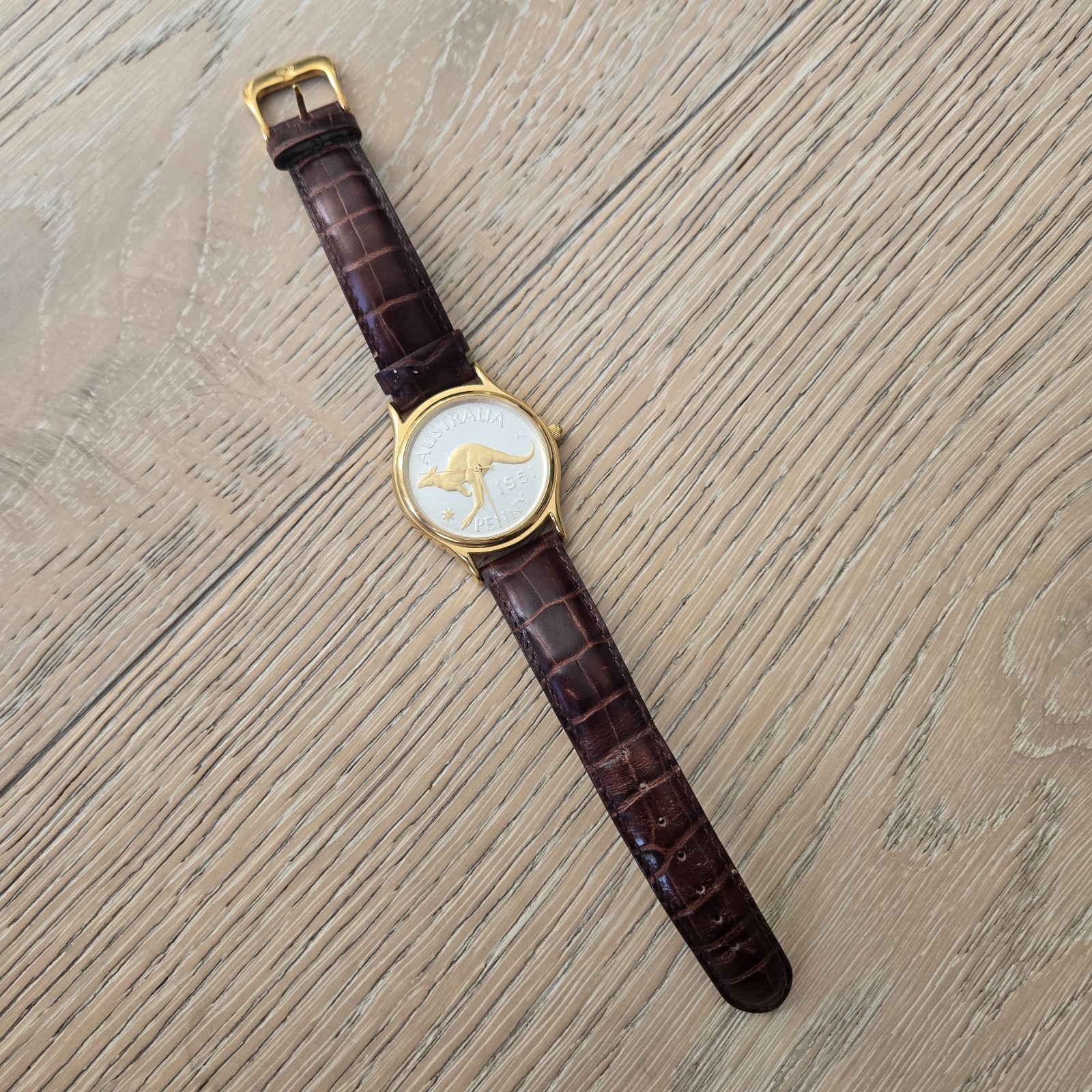 Coinwatch Australia 1951 Kangaroo Gold/Silver Penny Quartz Leather Strap Watch