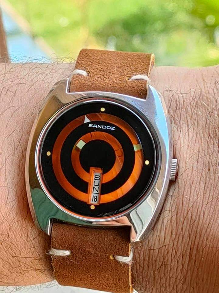 Sandoz Vintage Orange Mystery Dial Day/Date Automatic Rare 1970’S