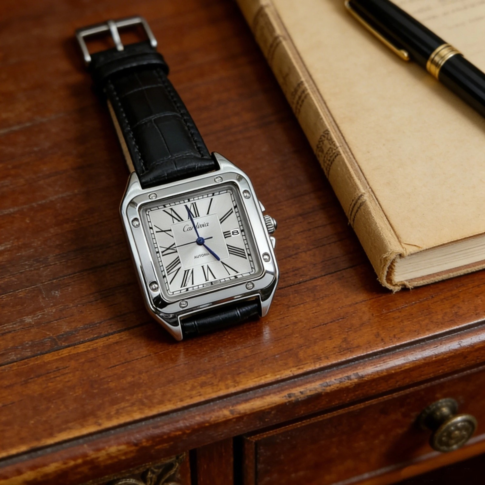 Men’s Square Roman Numeral Quartz Watch, Luxury Stainless Steel Case, Black Leat