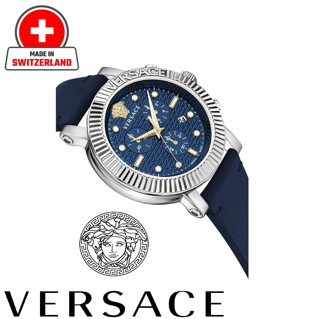 Versace Mens V-Chrono Watch Classic 45mm Strap Watch Blue Guilloche Dial Swiss