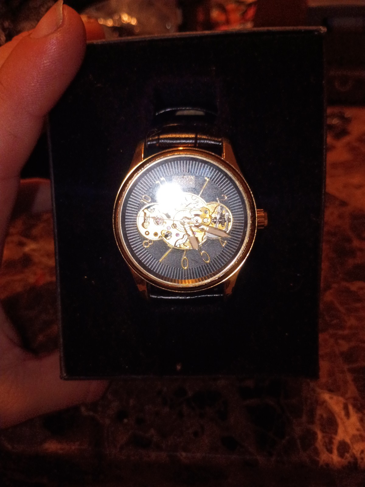 CROTON Men’s Automatic Skeleton Watch Gold Tone Case Black Leather Strap w/Box