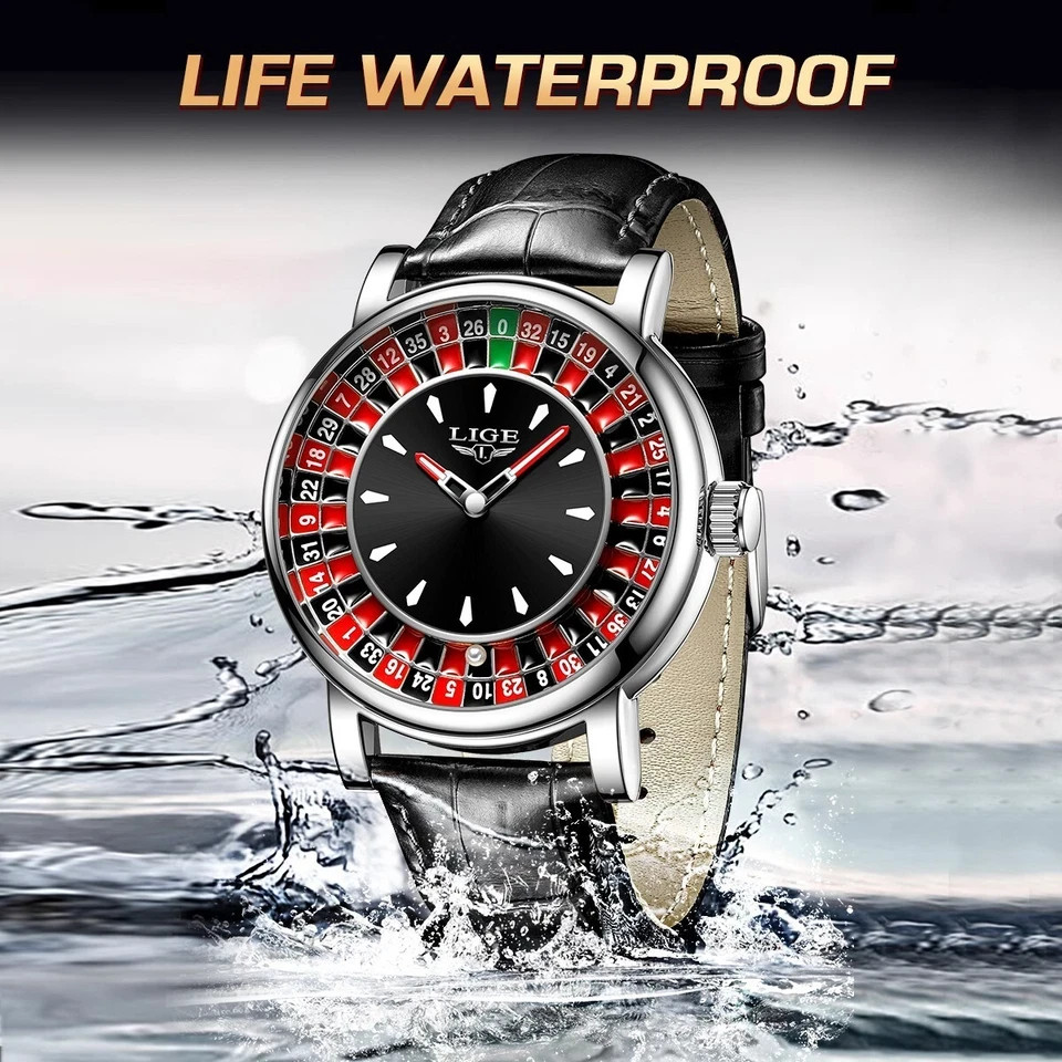 LIGE Mens Watch Quartz Chronograph Leather Strap Luminous Luxury Man Wristwatch