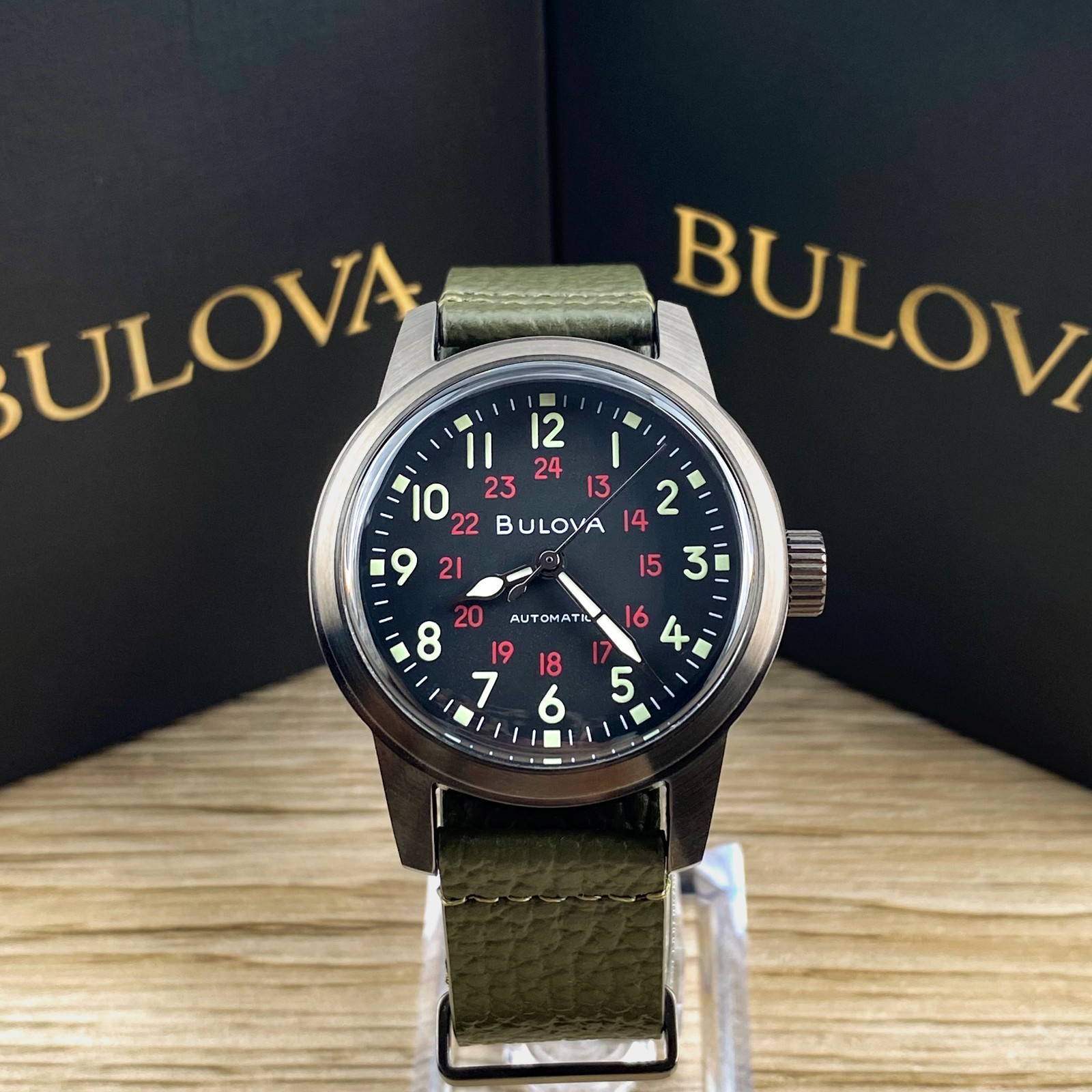 Bulova Hack 98A255 Black Dial Green Leather Strap Automatic Men’s Watch