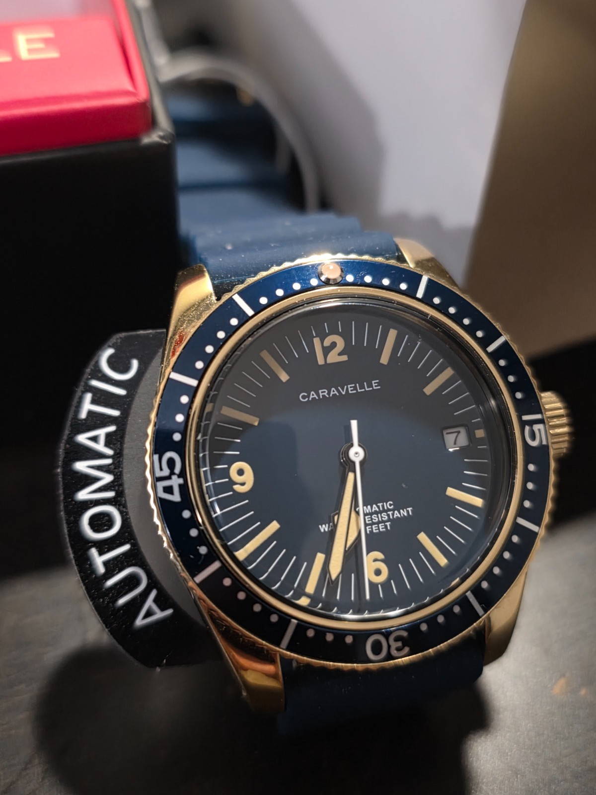 Vintage Caravelle Sea Hunter Dive Watch 44B129 Gold Blue Rubber Strap 2026 NEW