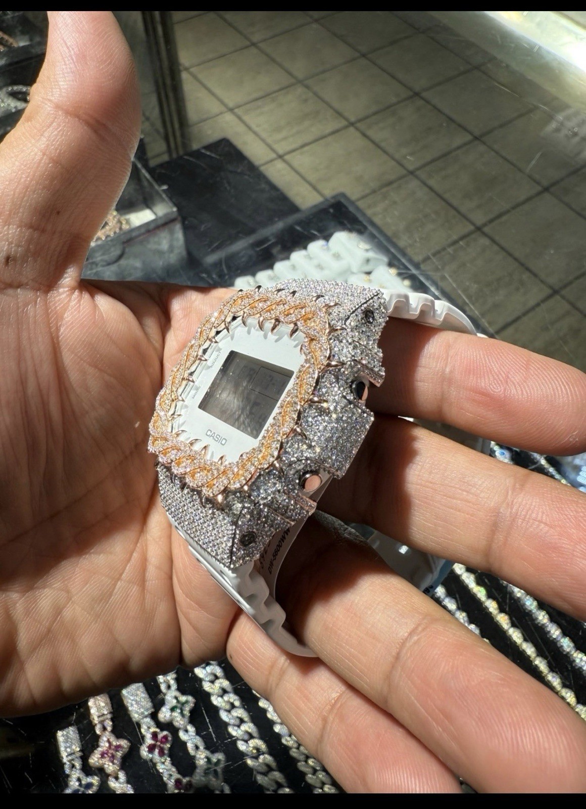 Casio G-SHOCK DW5600 White Digital Quartz Watch w/ Custom Iced Bezel