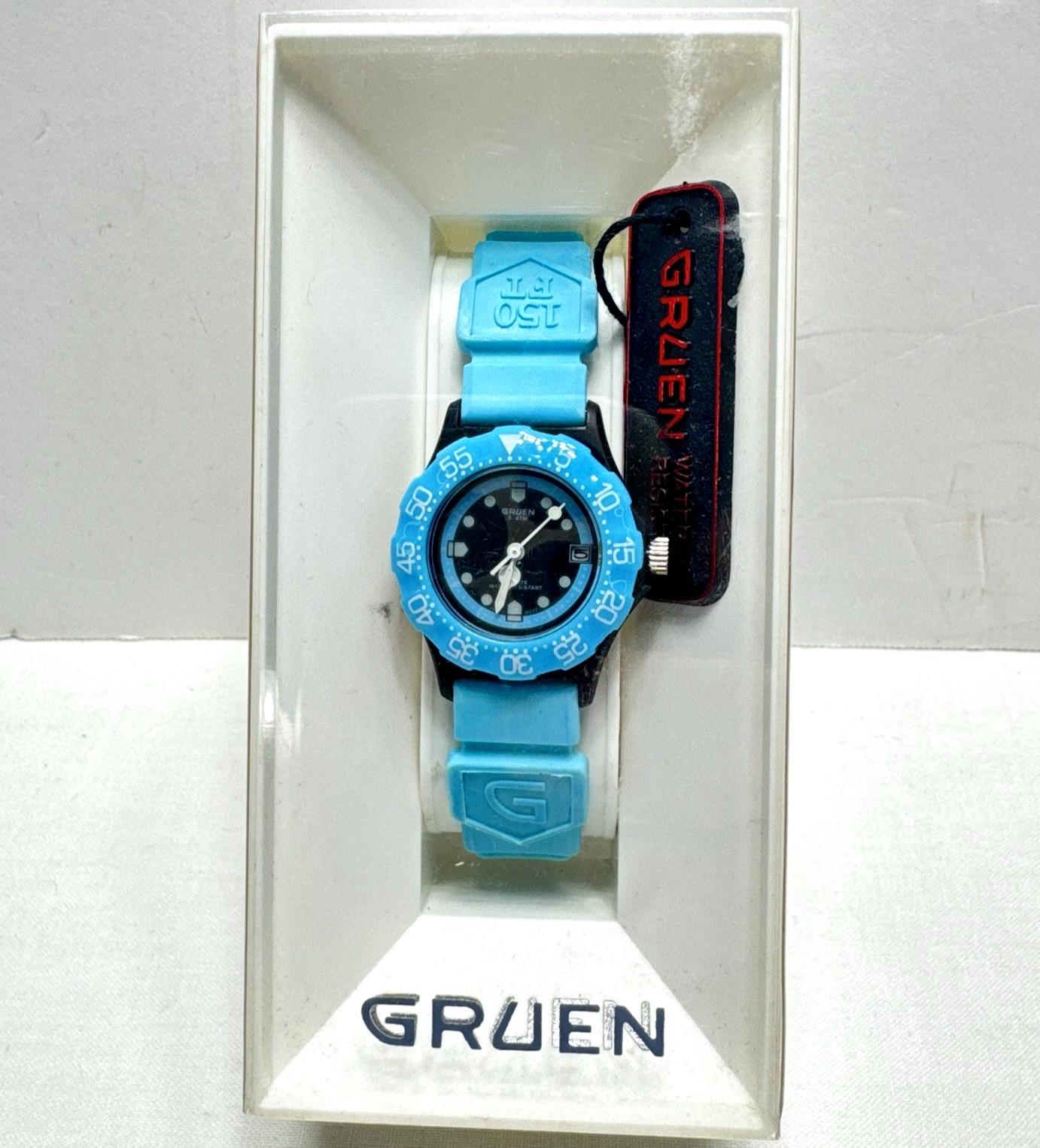 VTG 1980s GRUEN Blue Ladies Divers Style Watch Japan Quartz 28mm NEW OLD STOCK