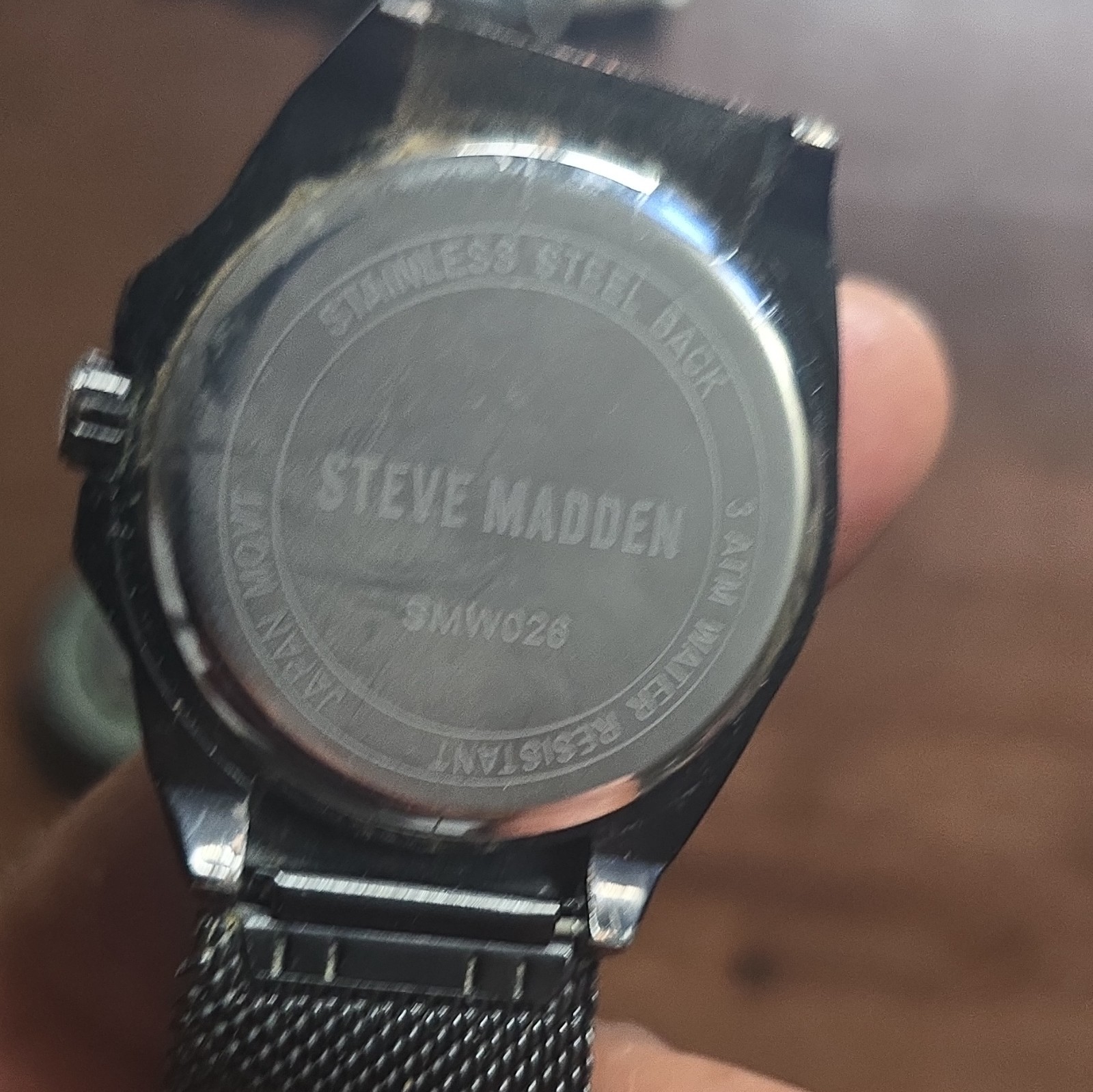 Steve Madden SMW028 Black Dial Quartz Octagon Watch Black Mesh Band Date 3 ATM
