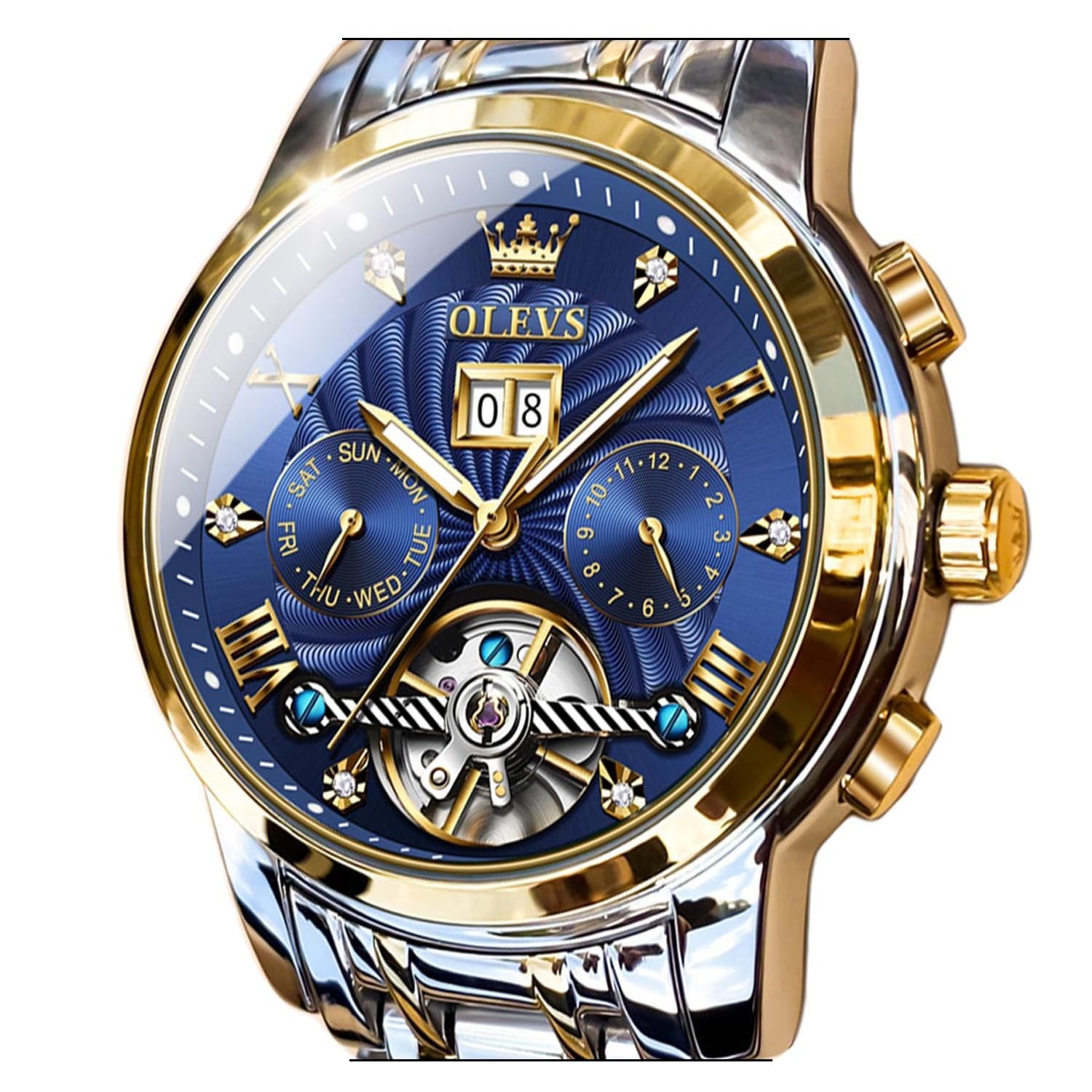 Men’s Automatic Skeleton Watch, 5 Hands Mechanical, Luxury Multi-Calendar, Water