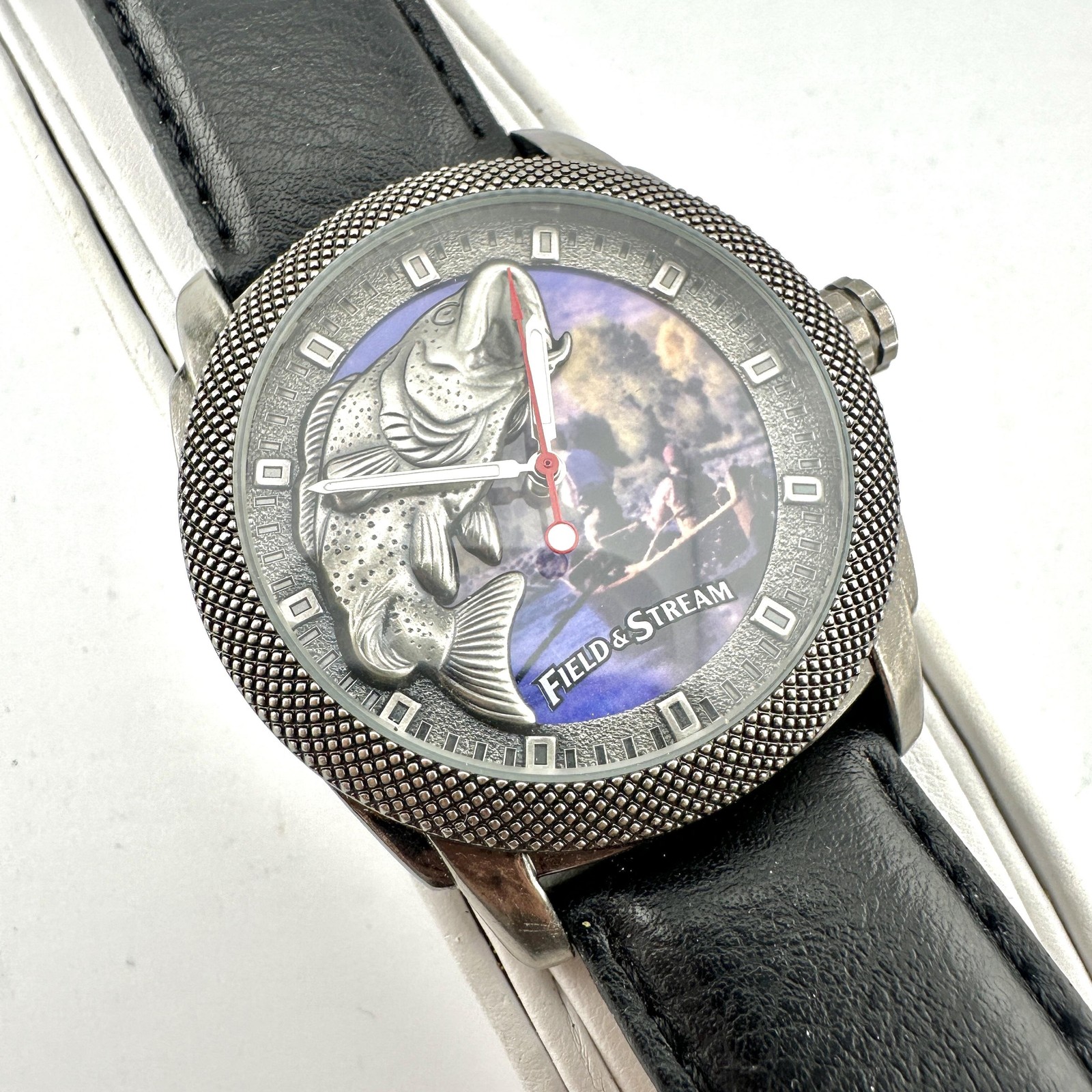 Field & Stream Mens Watch 45mm Multicolor Fish Dial Silver Case Black Leather