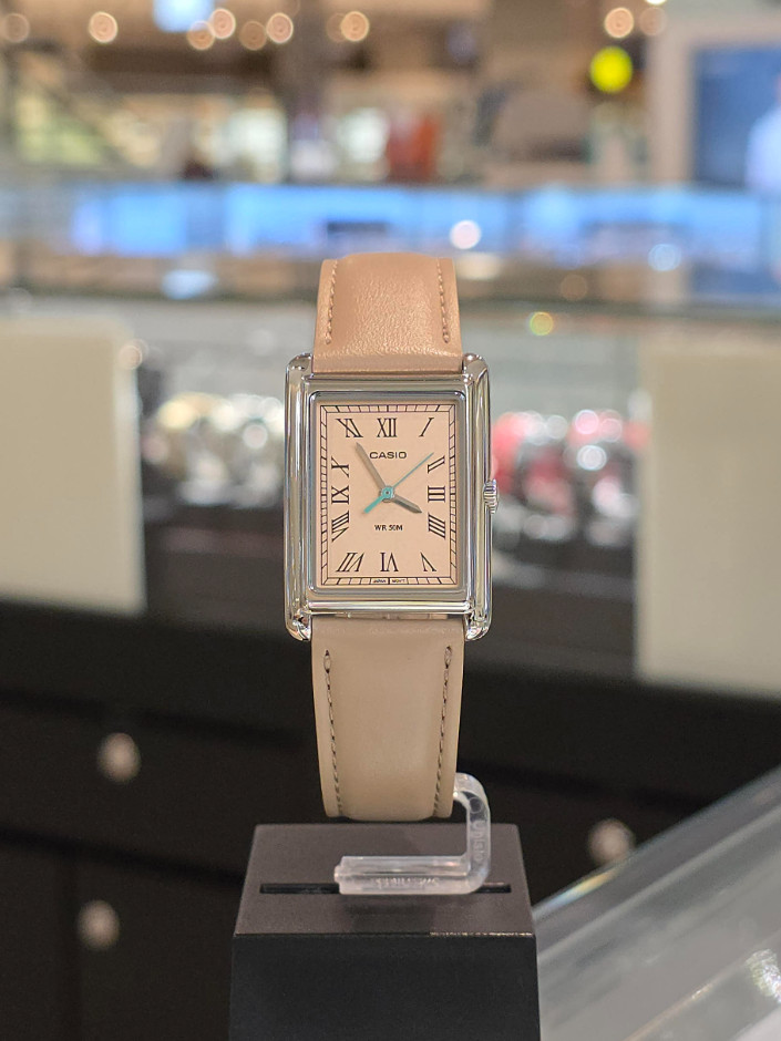 Casio Women LTP-B165L-5BV Dress Watch Rectangle Roman Quartz Beige Leather New