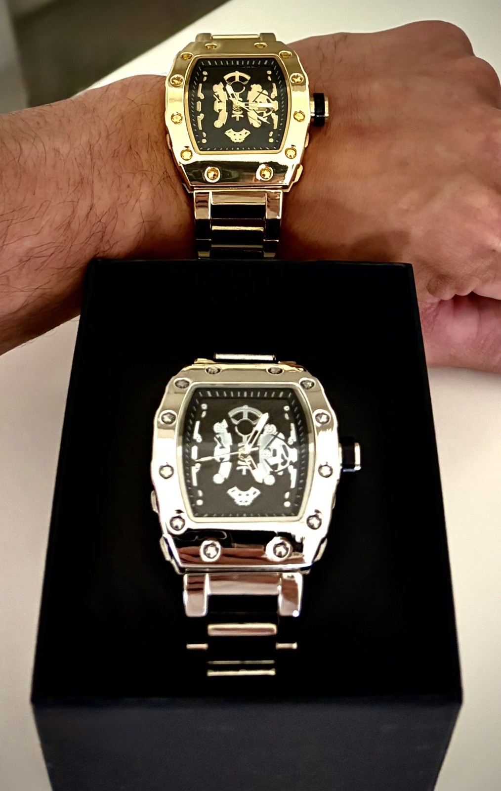 Men’s Gold/Silver/Black Skeleton Luxury Bling Metal Strap Tonneau Watch Gift Set