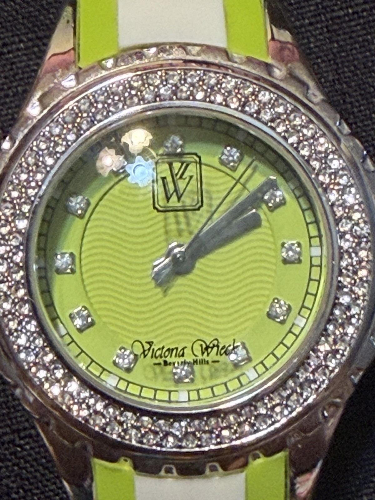 Victoria Wieck Beverly Hills Sport Lime Green/White Ladies Silicone Watch W/CZ’s