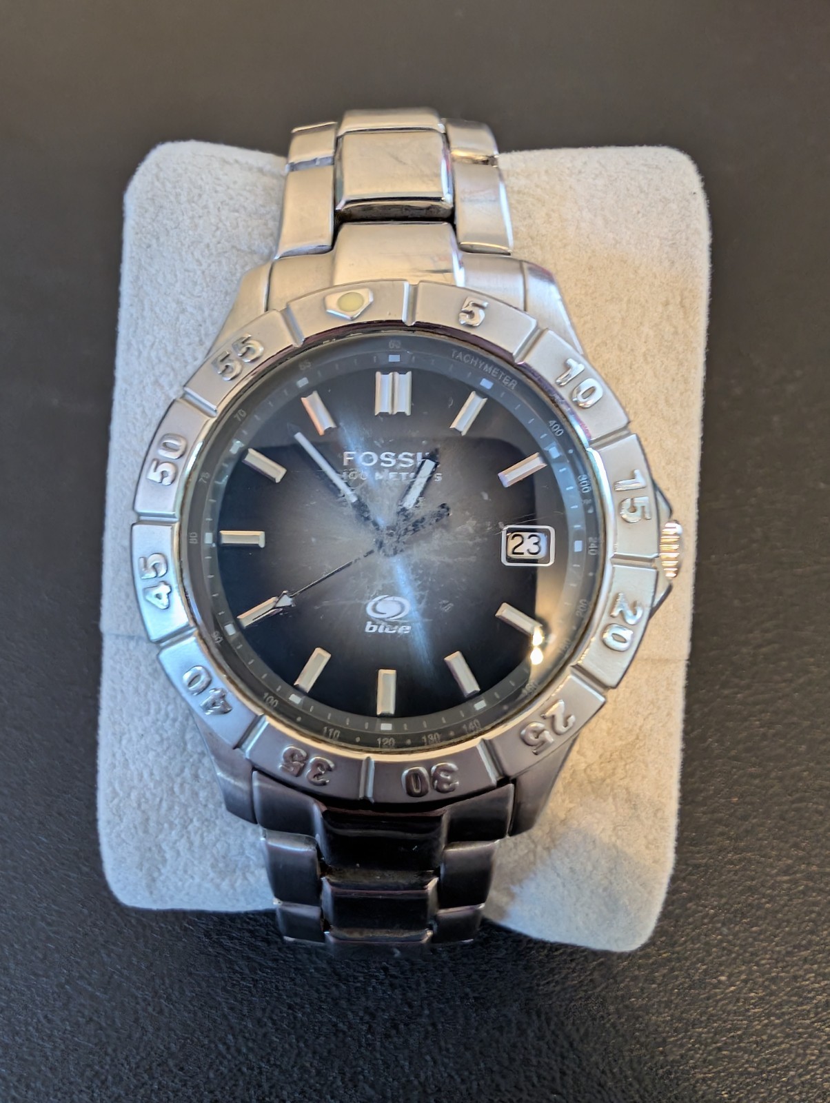 Vintage Fossil Blue AM-3726 Stainless Steel Men Watch Gray Dial – Running