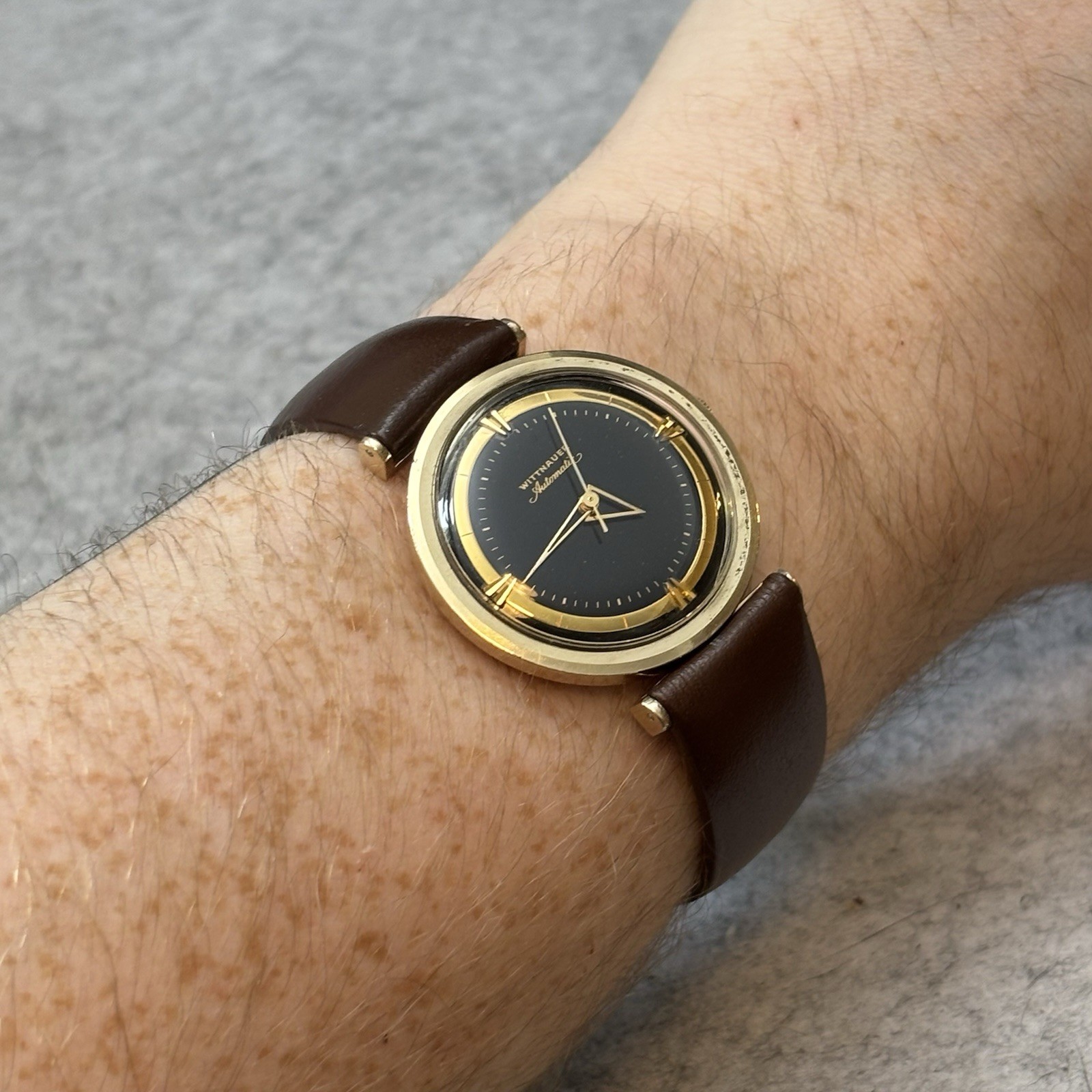 Vintage Wittnauer Automatic Watch 34mm Black Dial Triangle Hands GF – Serviced