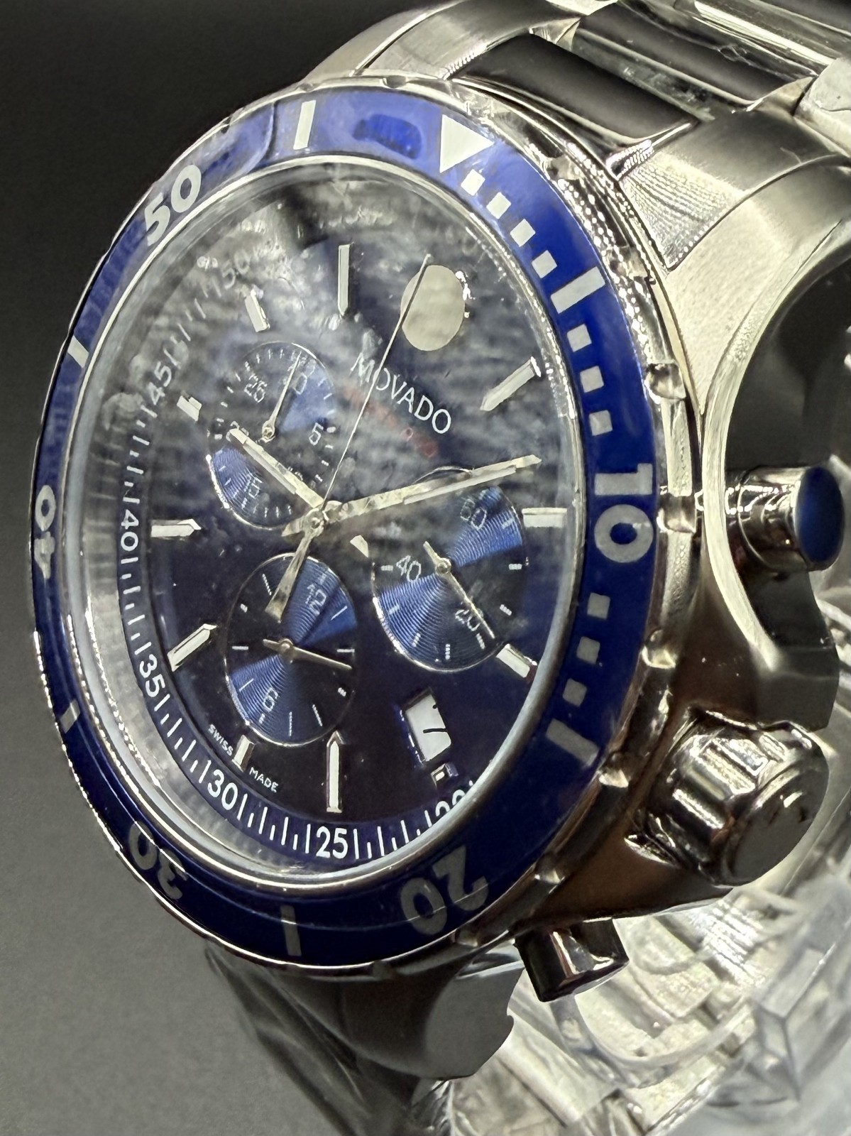 Movado Series 800 Blue Dial & Bezel 42mm Chronograph Steel Watch Model #2600141