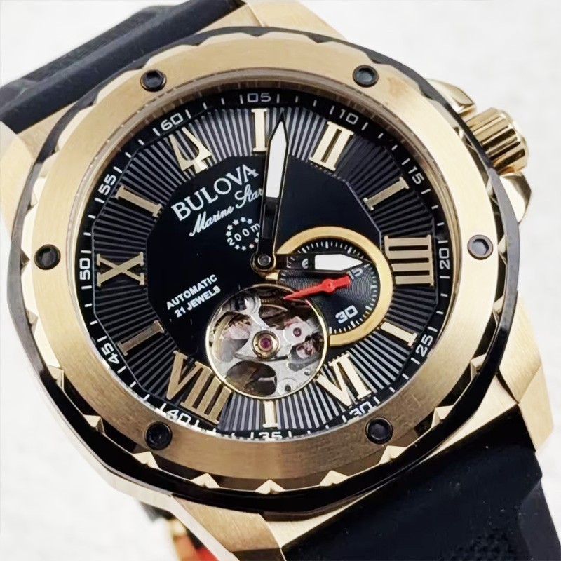Bulova Marine Star A 98A272 Black Gold Dial Rubber Strap Automatic Men’s Watch