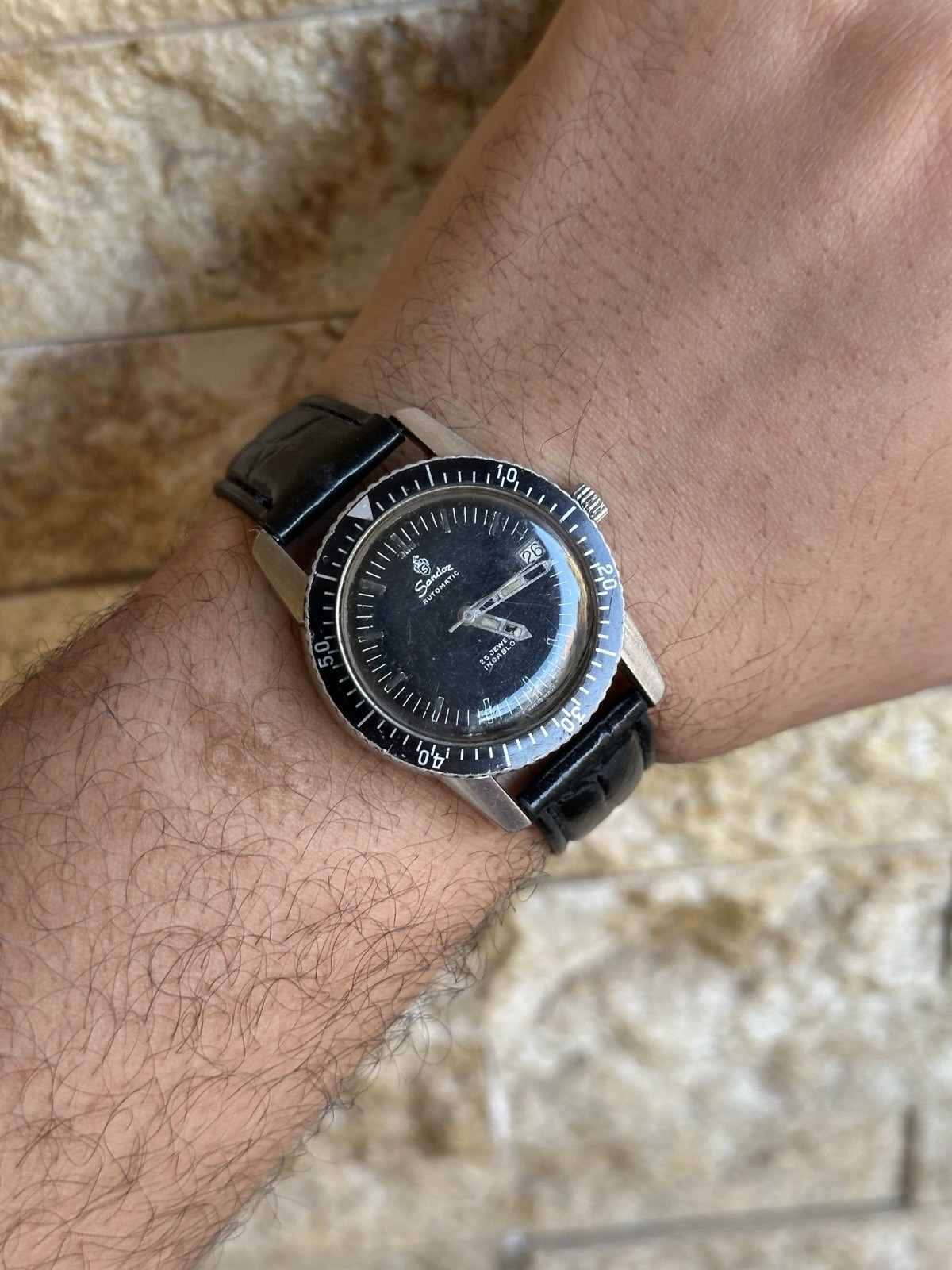 Rare Vintage Sandoz Automatic Skin Diver Watch 25 Jewels 37mm Boxed Black Date