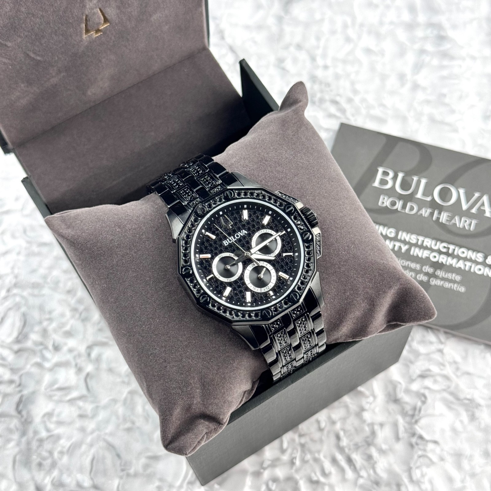 Bulova Octava Crystal Black Pave Dial Stainless Steel Quartz Men’s Watch 98C134