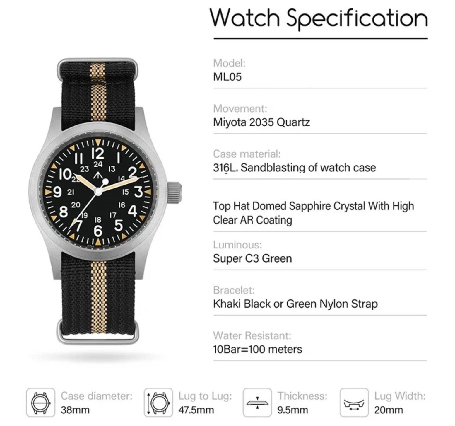 Militado ML05 38mm Quartz Field Watch 10Bar NATO Miyota Japan Mvmt Sapphire- NEW
