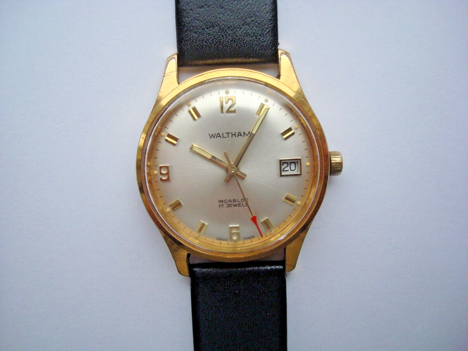 Waltham Mens Watch Manual Wind Up 17j. Date Red Arrow New Band 1960’s Swiss Runs