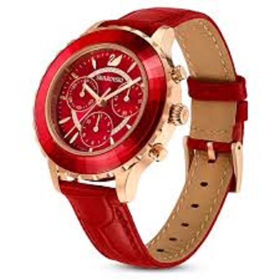 Swarovski Octea Lux Chrono,  Red Leather Rose Gold Tone Women’s Watch 5646975