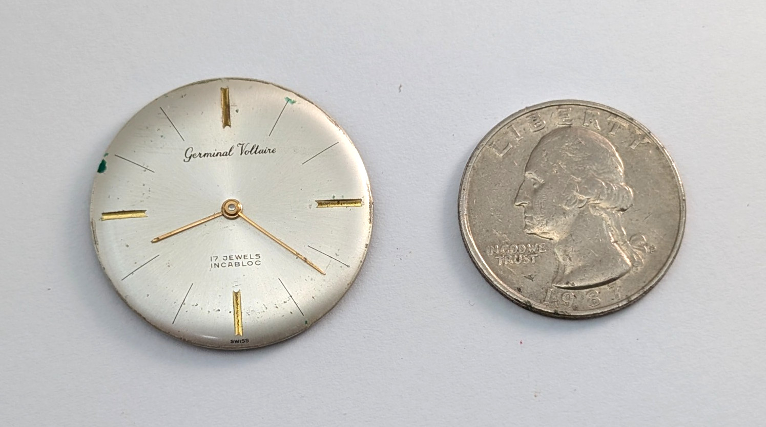 Vintage GERMINAL VOLTAIRE 17 Jewels Men’s 30mm Swiss Watch Movement PARTS REPAIR