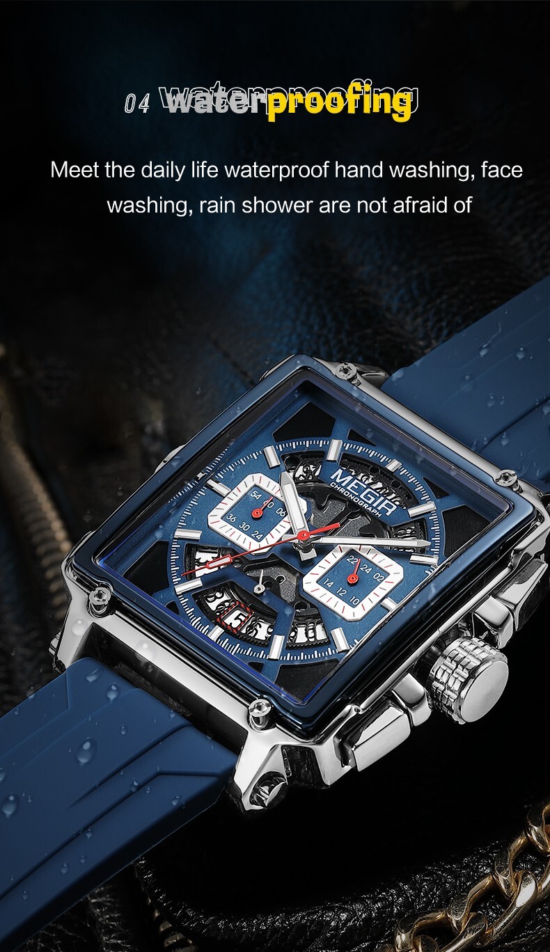 MEGIR Monaco Chronograph Calibre Homage Luminous Auto Date Square Men’s Watch